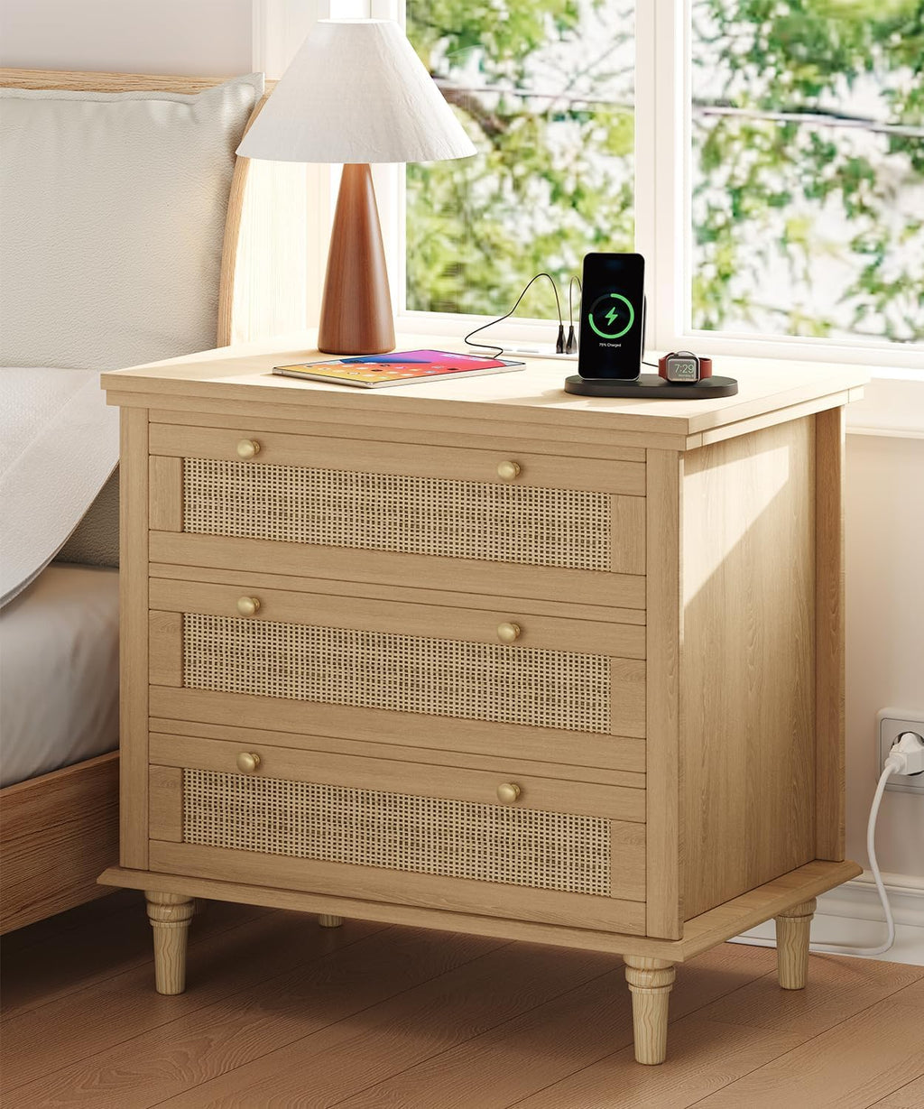 Keehusux 27.6" W Rattan Nightstand with 3 Drawers, Large Night Stand with Charging Station, Boho Bedside Table with Round Handles, Wooden End Table for Bedroom, Natural Oak