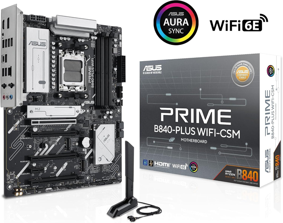 ASUS Prime B840-PLUS WiFi-CSM AMD AM5 B840 ATX Commercial CSM Motherboard, Advanced AI Ready, DDR5, PCIe 4.0, 3X M.2, Wi-Fi 6E, 2.5G LAN, DP, HDMI, USB Type-C, BIOS Flashback, ASUS Control Center