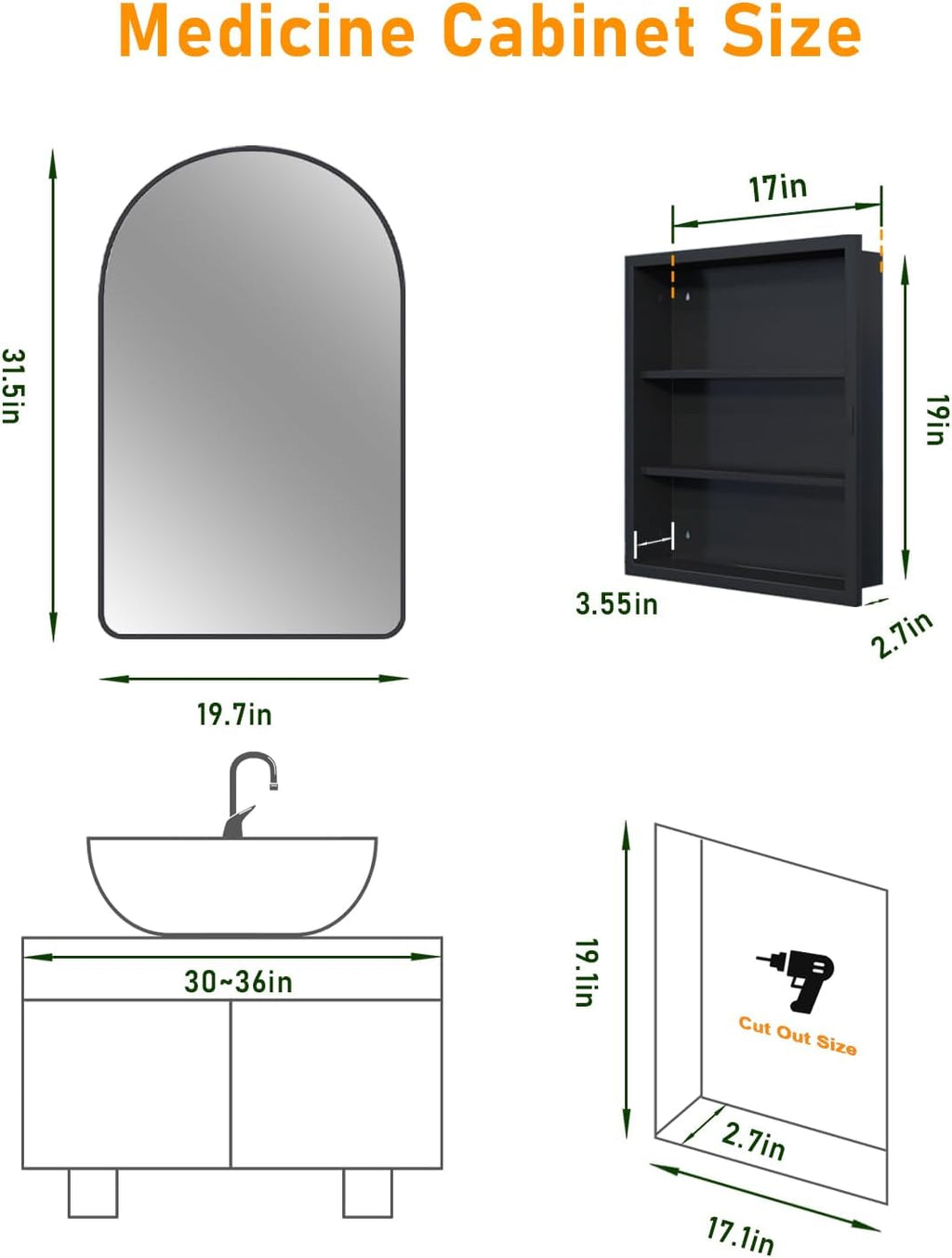 19.7"x31.5" Black Medicine Cabinet with Mirror, Arched Medicine Cabinet with Mirror for Bathroom Vanity Wall Mounted & Recessed with 1 Organizer, 2 Stable and Removable Shelves, Easy Installation