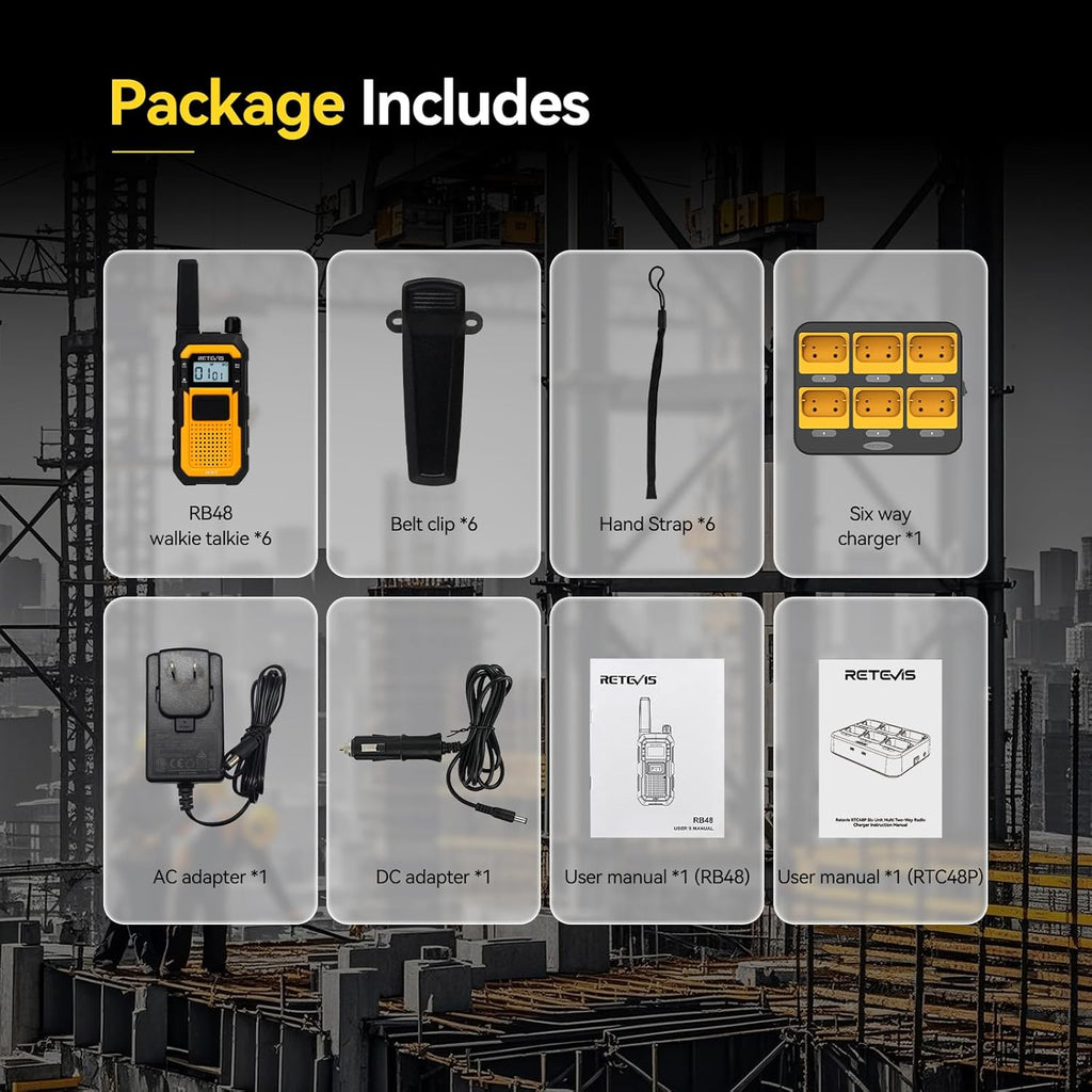 Retevis RB48 Walkie Talkies for Adults, Heavy Duty 2 Way Radios Long Range with Six-Way Charger, IP67 Waterproof, Shock Resistant, Dual PTT, for Jobsite Construction(6 Pack)