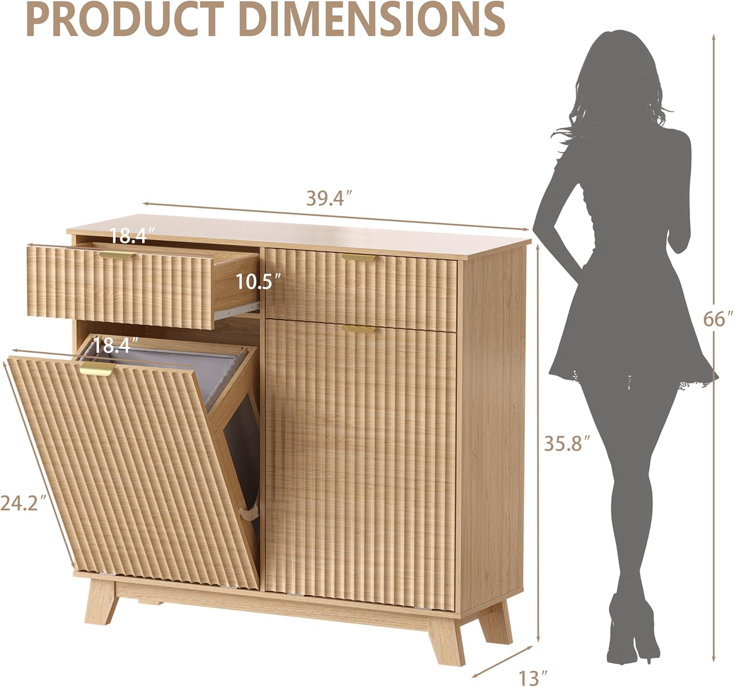 Wodeer Double Tilt Out Laundry Hamper Cabinet with 2 Drawers & Baskets, 20 Gallon Fluted Hidden Trash Can Cabinet, Farmhouse Wood Laundry Storage Cabinets for Bathroom, Kitchen, Natural