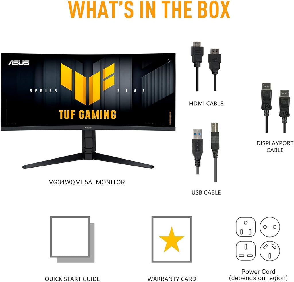 ASUS TUF Gaming 34” 1440P Ultrawide Curved Monitor (VG34WQML5A) - 250Hz, 0.5ms, FastIPS, FreeSync Premium, Extreme Low Motion Blur, DisplayHDR400, 95% DCI-P3, DisplayWidget, Gaming AI, 3 yr Warranty