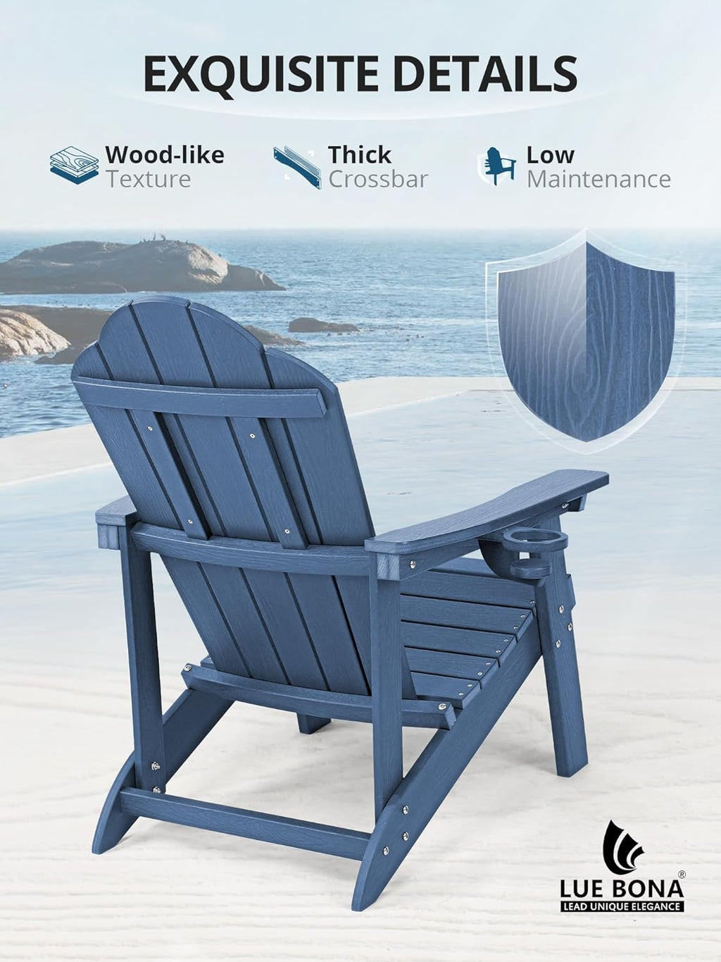 LUE BONA Adirondack Chairs Set of 4 - Weather Resistant Seating with Cup Holder for Poolside, Fire Pit, Deck & Resort Patio, Blue