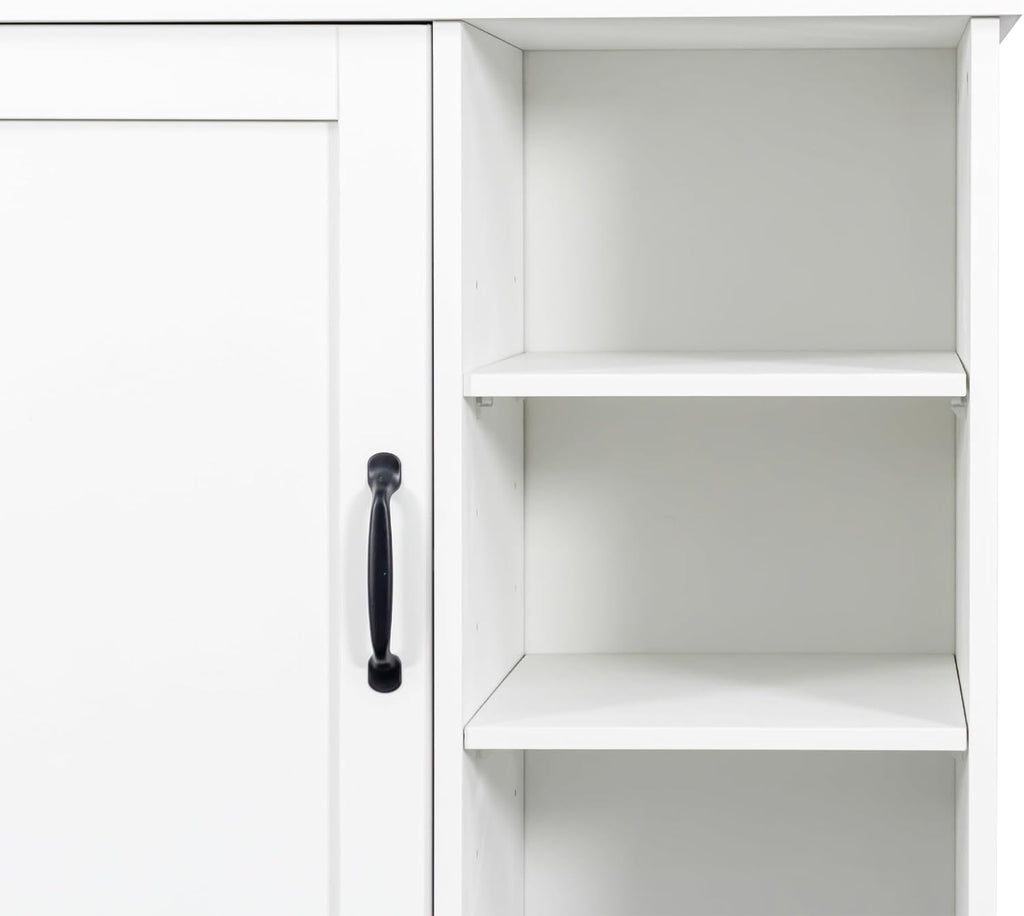 63" White Laundry Cabinet w/Dual Tilt-Out Hampers - 4 Open + 2 Adjustable Shelves, Freestanding Bathroom Organizer, 31.5 x 15.7 x 63 Inch