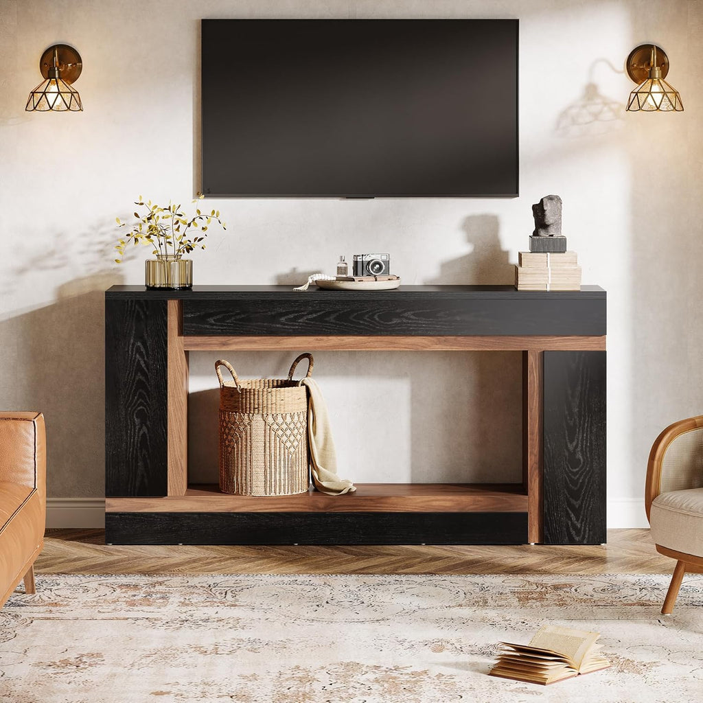 Tribesigns 63-Inch Long Console Table for Entryway, 2-Tier Narrow Wooden Rectangular Sofa Table Behind Couch for Hallway, Entrance, Foyer, Front Door, Living Room, Black & Walnut