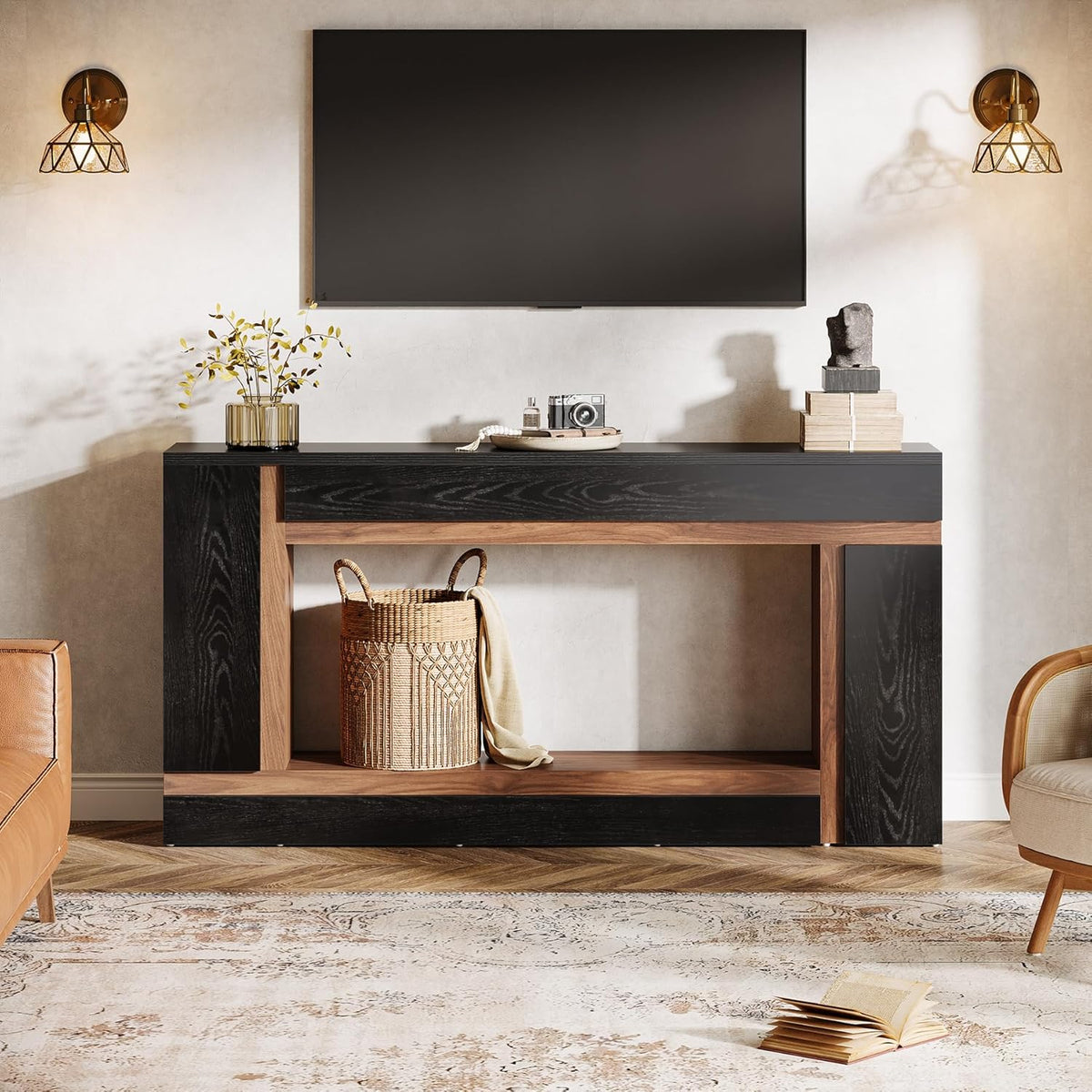 Tribesigns 63-Inch Long Console Table for Entryway, 2-Tier Narrow Wooden Rectangular Sofa Table Behind Couch for Hallway, Entrance, Foyer, Front Door, Living Room, Black & Walnut