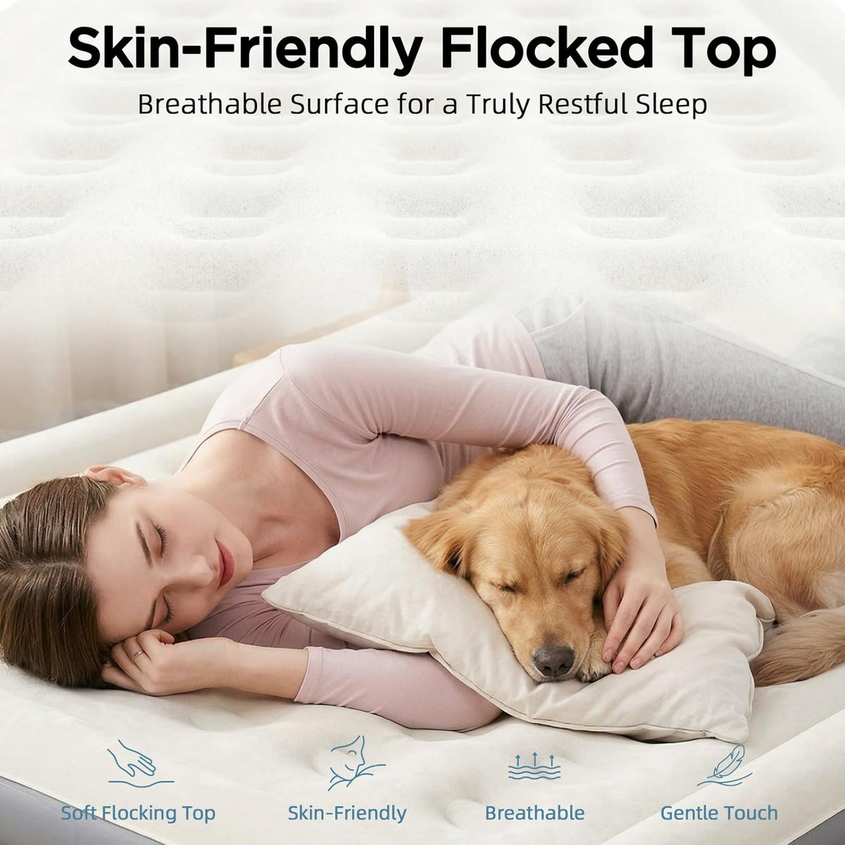 Queen Air Mattress with Built-in Pump 18in, 3-Layer Fabric-Laminated Side Walls Anti-Leak, Honeycomb Coil-Beam Support 800 LBS, 3-Min Inflation Blow up Air Mattress for Home Guests Camping