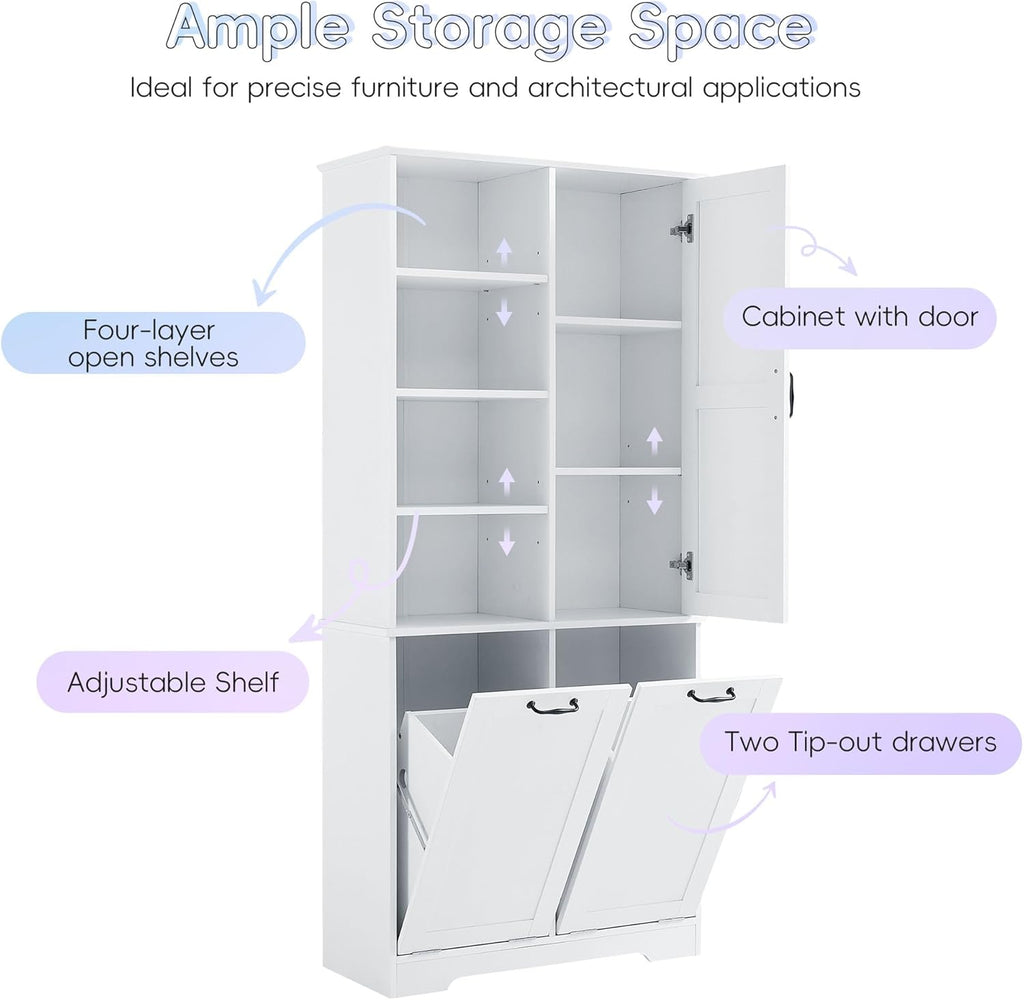 Merax Cabinet with Tilt-Out Laundry Hamper Basket, Tall Bathroom Storage Organizer Linen with Open Shelf for Home, Freestanding, White