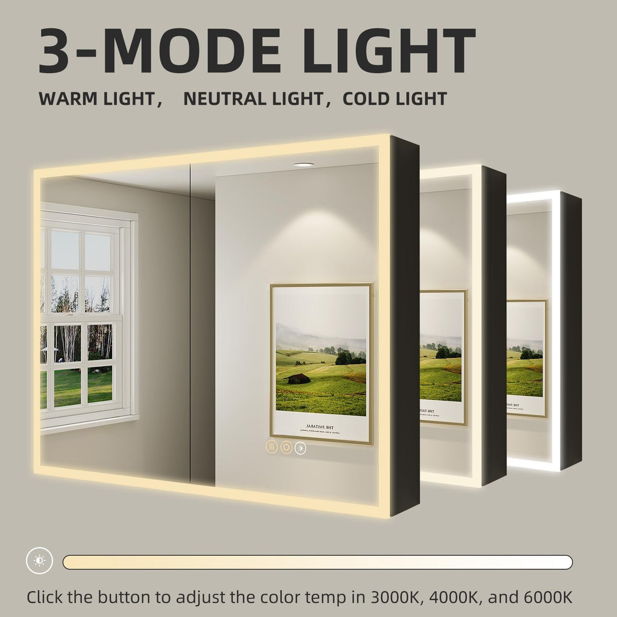 Buruis 36 x 32 Inch Medicine Cabinet with LED Lights and Mirror, Recessed/Wall Mounted Bathroom Cabinet, 3-Color Light, Defogger, Memory Function, Outlet & USB, Dimmer, Black