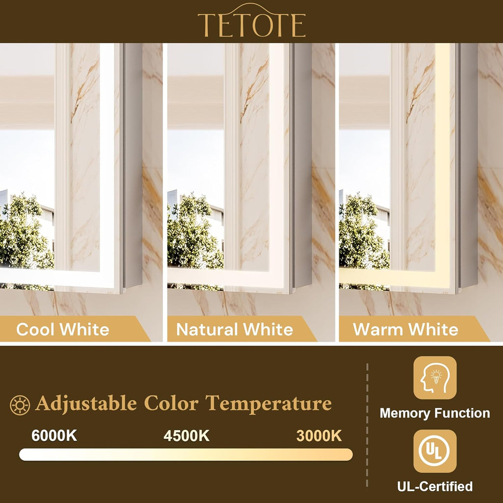 TETOTE 24 x 32 Medicine Cabinet with Lights, Adjustable Shelves, Silver Aluminum Cabinet, Anti-Fog Stepless Dimmable 3 Colors White/Warm/Natural, Easy to Install(Wall Mount/Recessed)