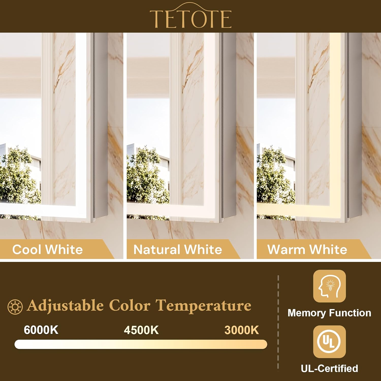 TETOTE 24 x 32 Medicine Cabinet with Lights, Adjustable Shelves, Silver Aluminum Cabinet, Anti-Fog Stepless Dimmable 3 Colors White/Warm/Natural, Easy to Install(Wall Mount/Recessed)