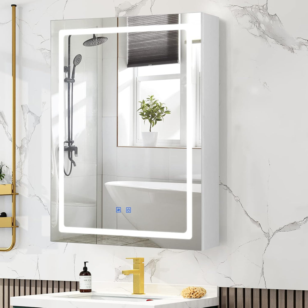 VOWNER Anti-Fog Lighted Bathroom Medicine Mirror Cabinet, Medicine Cabinet with Mirror and Lights, Dimmable, Adjustable Shelves, Memory 3-Color Mode(Engineered Wood, 24"×32")