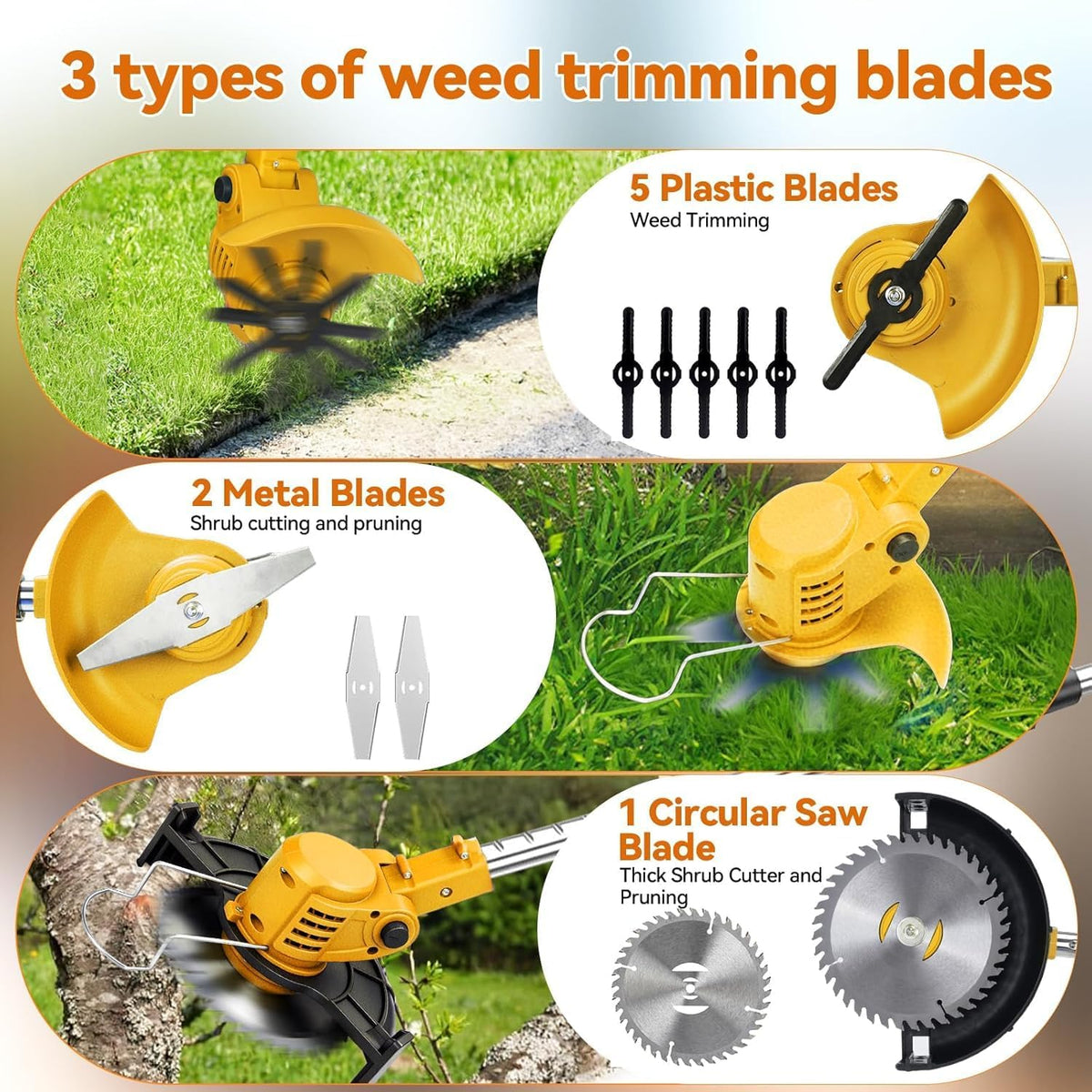 20000RPM Electric Weed Wacker with Wheel,Cordless Weed Eater, Battery Powered Weed Trimmer, 4 in1 String Trimmer,Brush Cutter/Grass Trimmer/Lawn Mower/Lawn Edger 3 Type Blades for Garden Yard