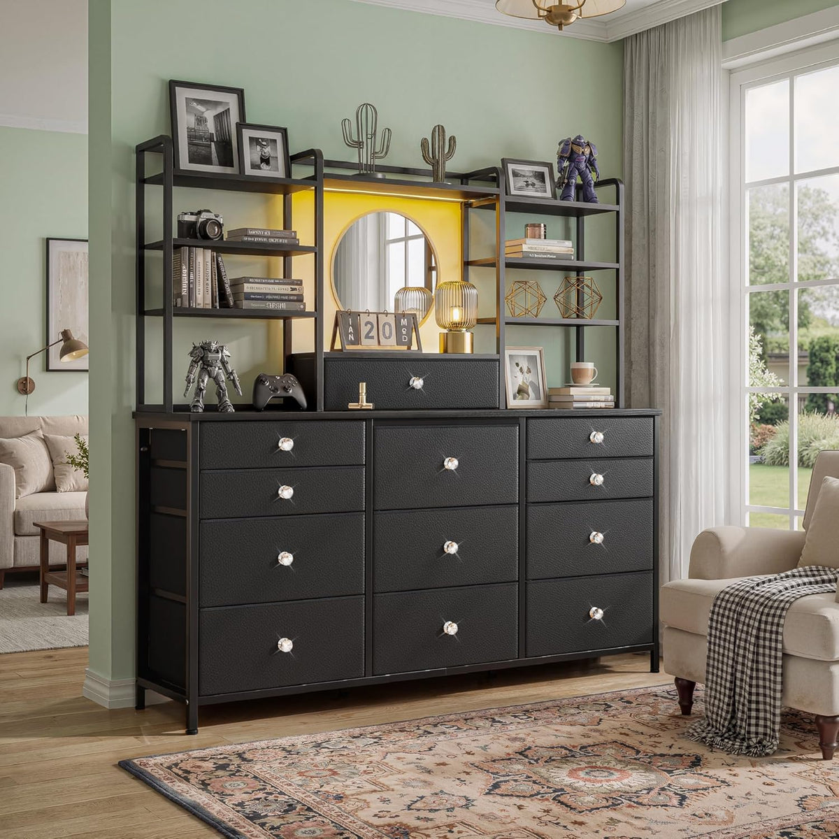 Romorgniz Black Dresser for Bedroom with 12 Drawers & LED Lights, Fabric Dressers & Chests of Drawers with Open Shelves, Vanity Dresser Organizer with Metal Frame Wooden Shelf for Entryway Closet
