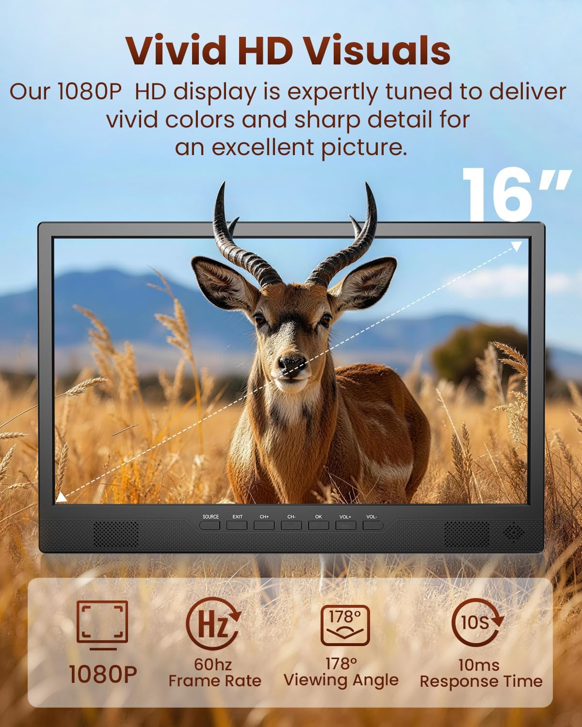 Desobry 16 Inch Small Smart TV - LCD Small Kitchen TV with WiFi, Bulit-in 180°Adjustable Stand/ATSC Tuner/HDMI/AV/USB for Camping, Bedroom, RV, Patio, Indoor & Outdoor Use
