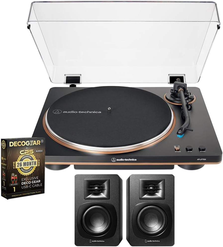 Audio-Technica AT-LP70X-BZ Fully Automatic Belt-Drive Turntable, Black/Bronze Bundle with AT-SP3X Bookshelf Speakers and Deco Gear CPS 26 Month Protection Pack (Beach-CPS- 26500)