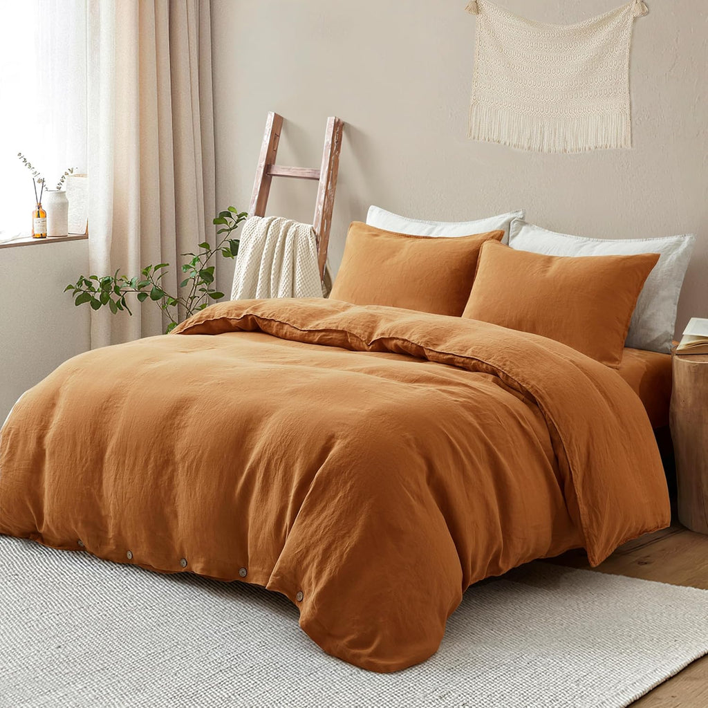 ATLINIA 100% Flax Linen Duvet Cover Set - Stone Washed Pure French Linen Organic Fabric for Farmhouse Comforter Boho Bedding Included 1 Duvet Cover 2 Pillow Shams(Rust, Queen)