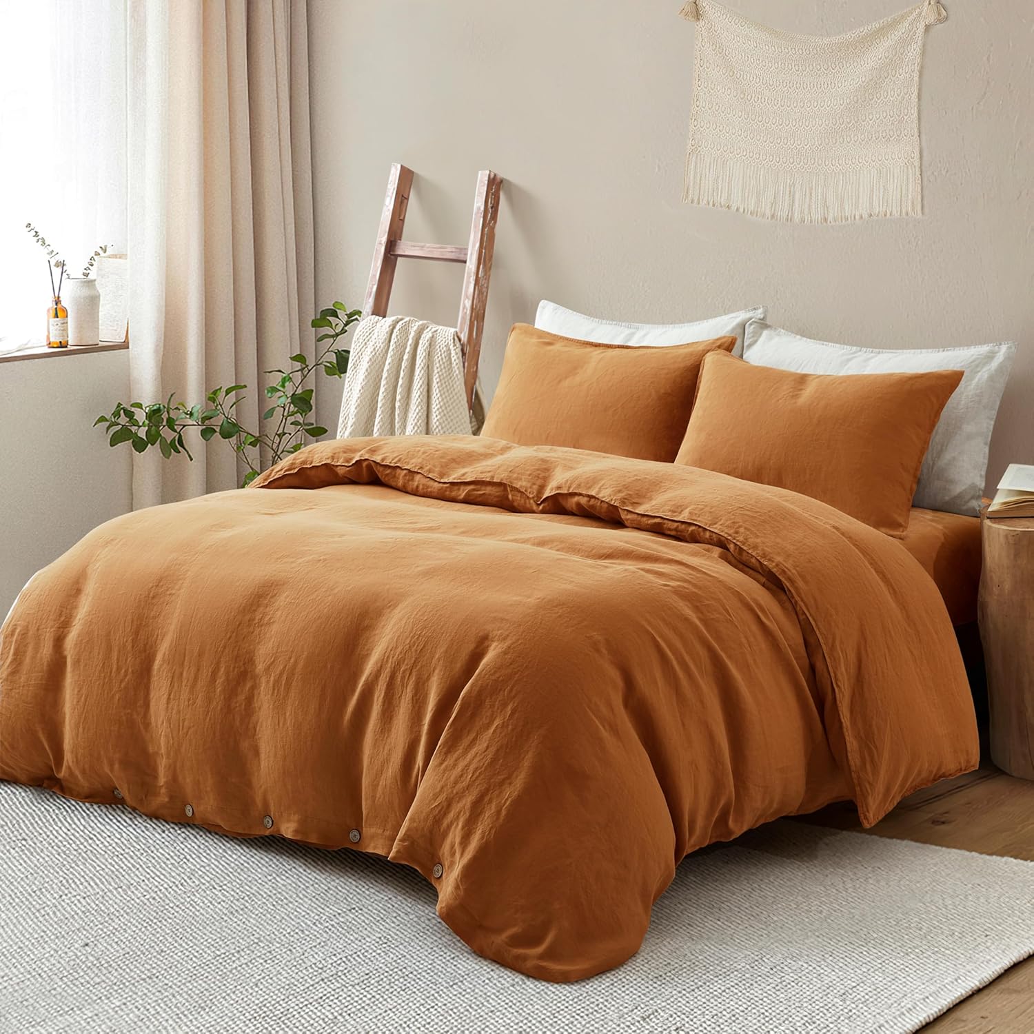 ATLINIA 100% Flax Linen Duvet Cover Set - Stone Washed Pure French Linen Organic Fabric for Farmhouse Comforter Boho Bedding Included 1 Duvet Cover 2 Pillow Shams(Rust, Queen)