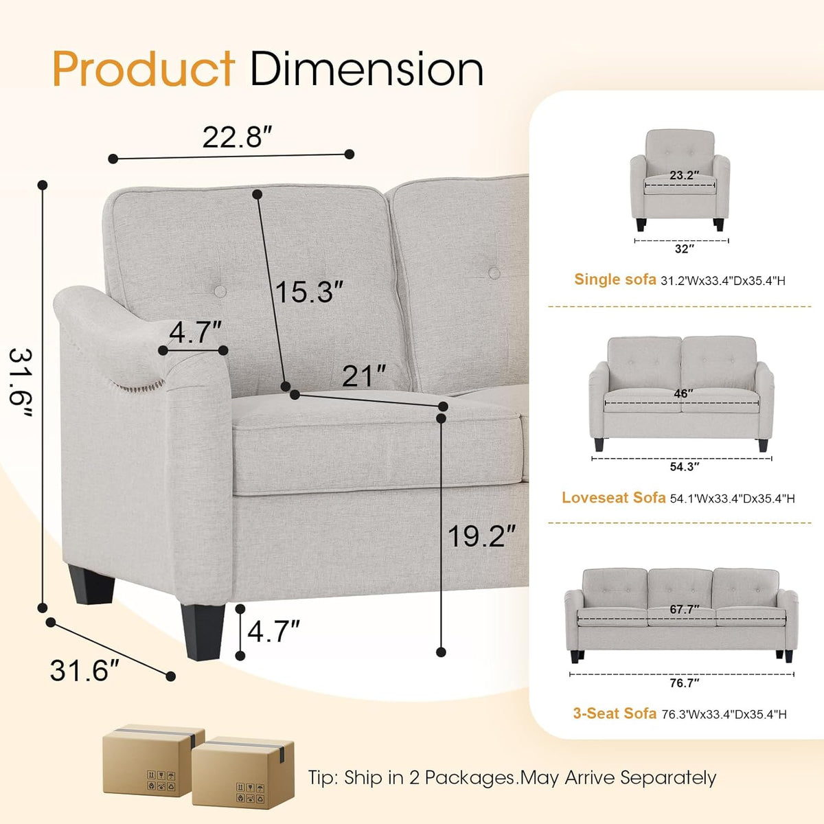 3 Piece Sofa and Loveseat Sets,Three Seat Sofa and Loveseat,Singel Armchair with Nail Head Trim Linen Upholstered with Tufted Back Cushions Curved Armrests Couches for Living Room Beige