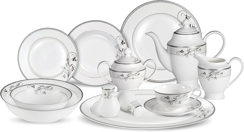 Lorenzo 57 Piece Elegant Bone China Service for 8 Viola Dinnerware Sets, Silver