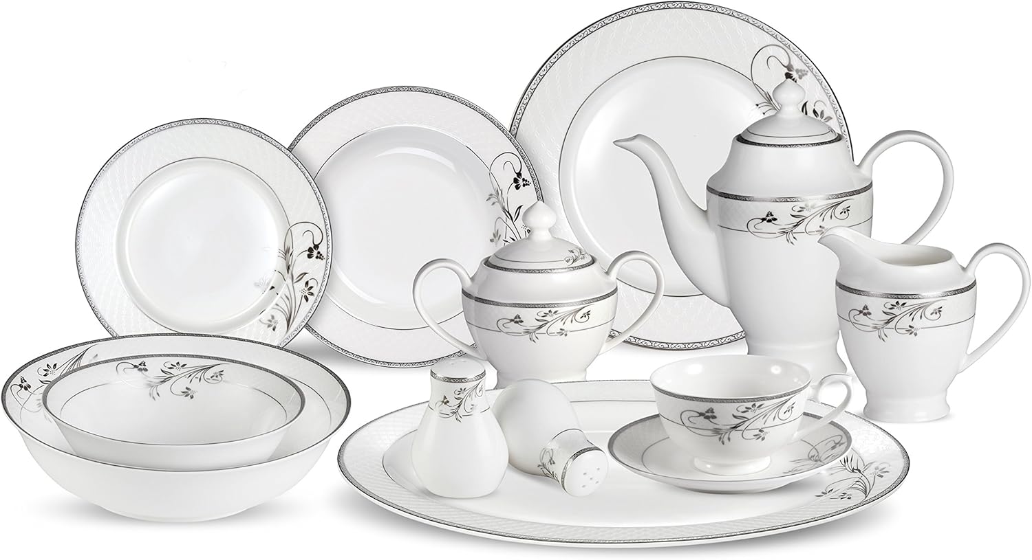 Lorenzo 57 Piece Elegant Bone China Service for 8 Viola Dinnerware Sets, Silver