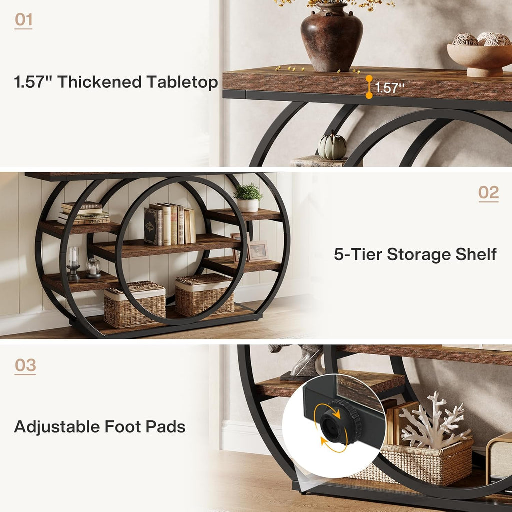 Tribesigns 47" Console Table for Living Room, 5-Tier Industrial Entryway Table with Metal Frame, Narrow Sofa Table Behind Couch Accent Tables for Entryway, Hallway, Foyer, Rustic Brown