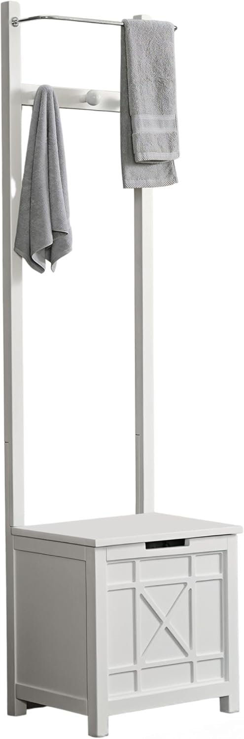 Derby Laundry Hamper with Towel Rack - Stool for Entryway, Laundry Room, or Bathroom Storage (White)
