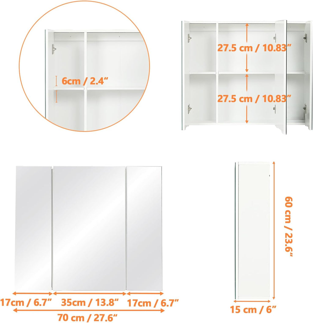 DICTAC Medicine Cabinet Bathroom Mirror Cabinet with 3 Door 27.6x23.62 Inch Bathroom Wall Cabinet with Mirror Wall Mirror Storage Shelf with 3-Adjustable Shelves Storage Organizer Cupboard,White