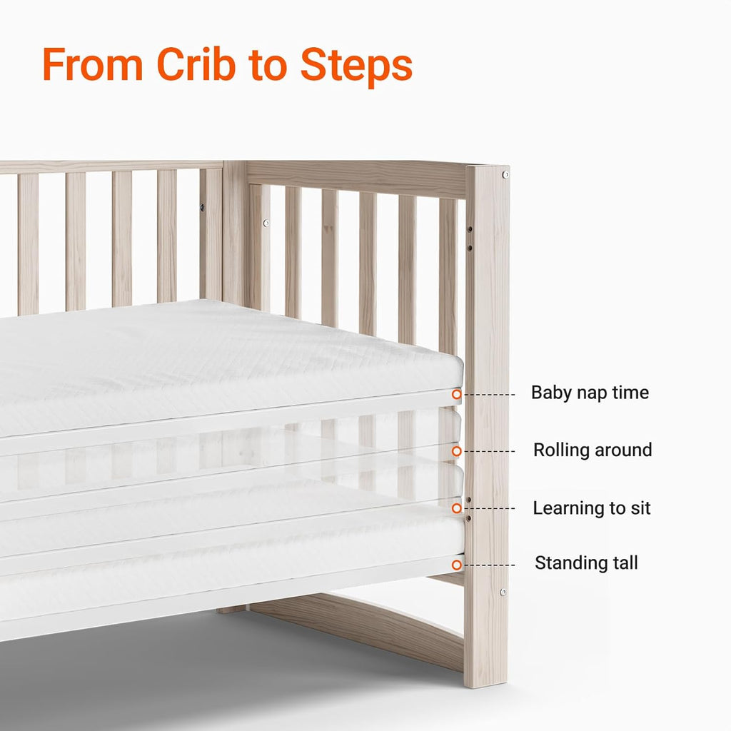 MAMAZING EvoNest Baby Crib, 3 in 1 Convertible Mini Crib with Wheels, 100% New Zealand Wood Crib, 4 Adjustable Mattress Height, GREENGUARD Gold Certified, Washed Natural