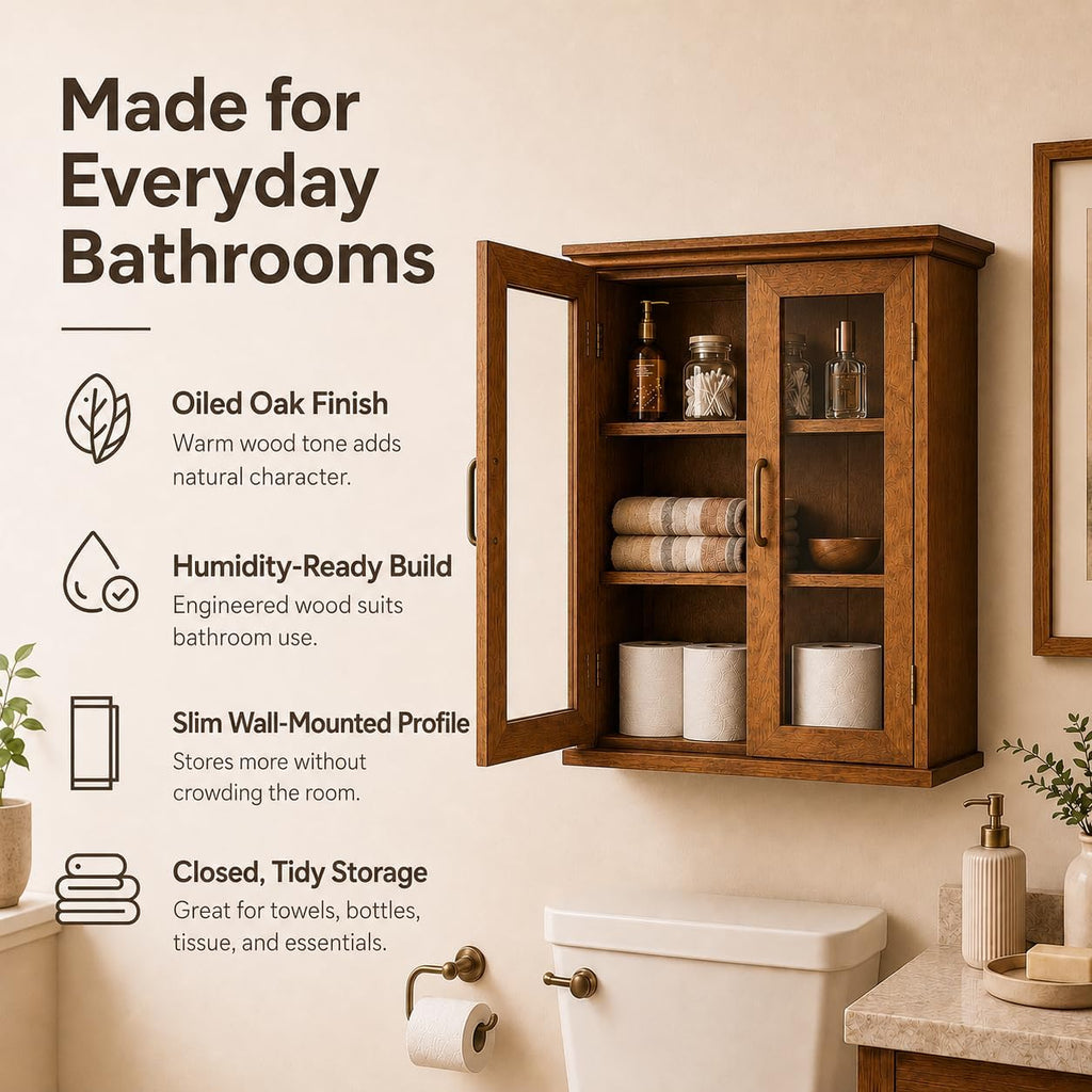 Teamson Home Avery Wooden Over The Toilet Bathroom Removable Wall Medicine Cabinet with 2 Adjustable Shelves 3 Storage Spaces 2 Glass-Paneled Doors and Antique Brass Knobs, Oiled Oak