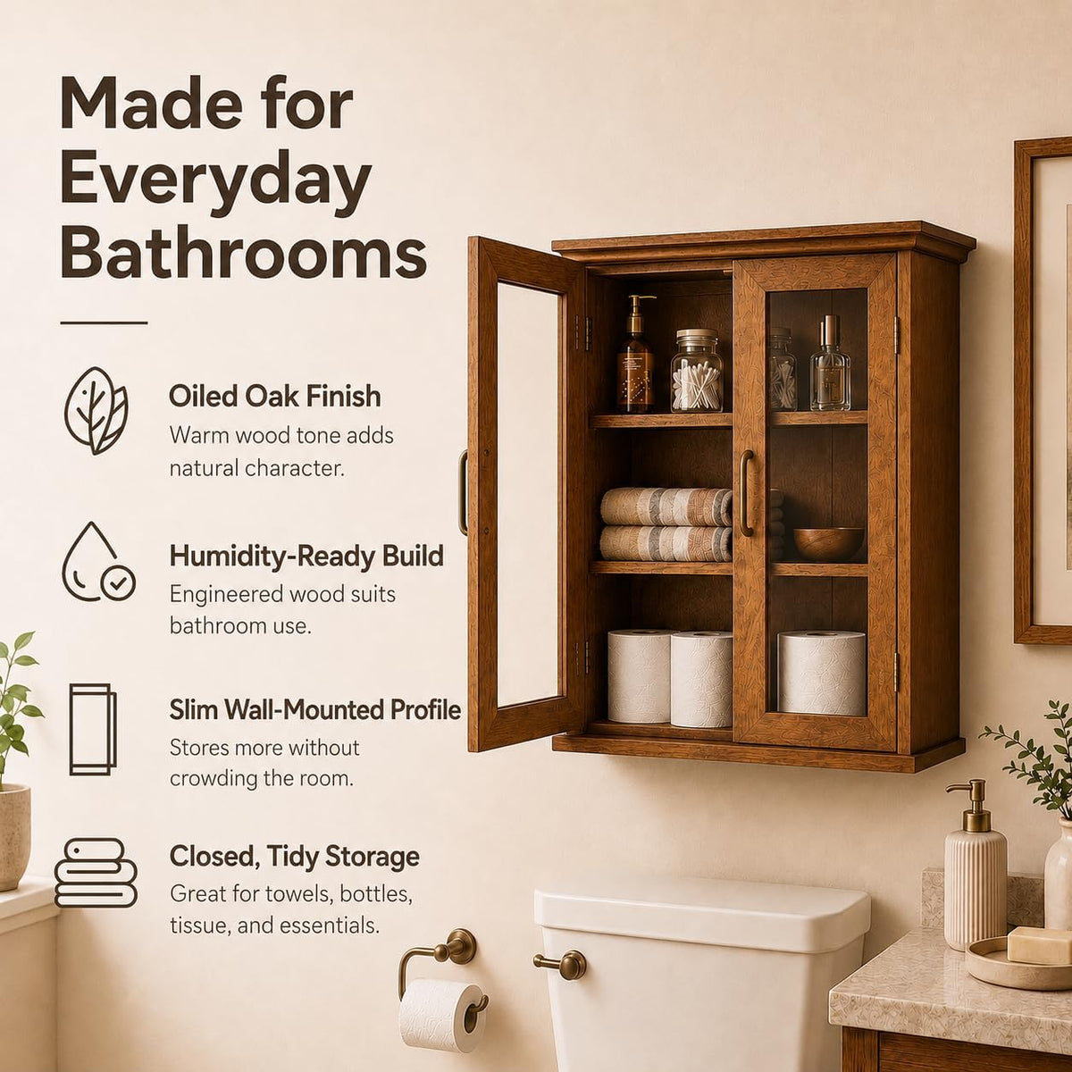 Teamson Home Avery Wooden Over The Toilet Bathroom Removable Wall Medicine Cabinet with 2 Adjustable Shelves 3 Storage Spaces 2 Glass-Paneled Doors and Antique Brass Knobs, Oiled Oak