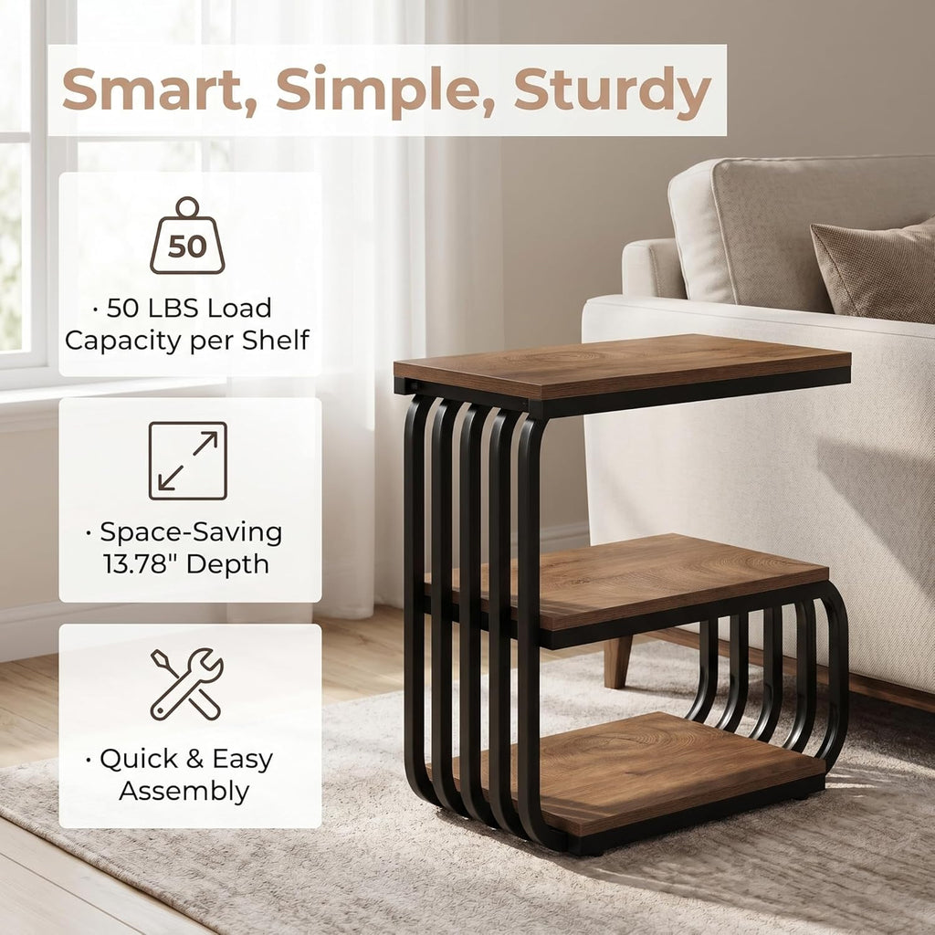 Tribesigns Small Narrow End Table with Storage Shelf, Industrial Side Tables with Curved Metal Frame, 3-Tier Accent Table and Nightstand for Living Room, Bedroom, Small Space (1, Brown)