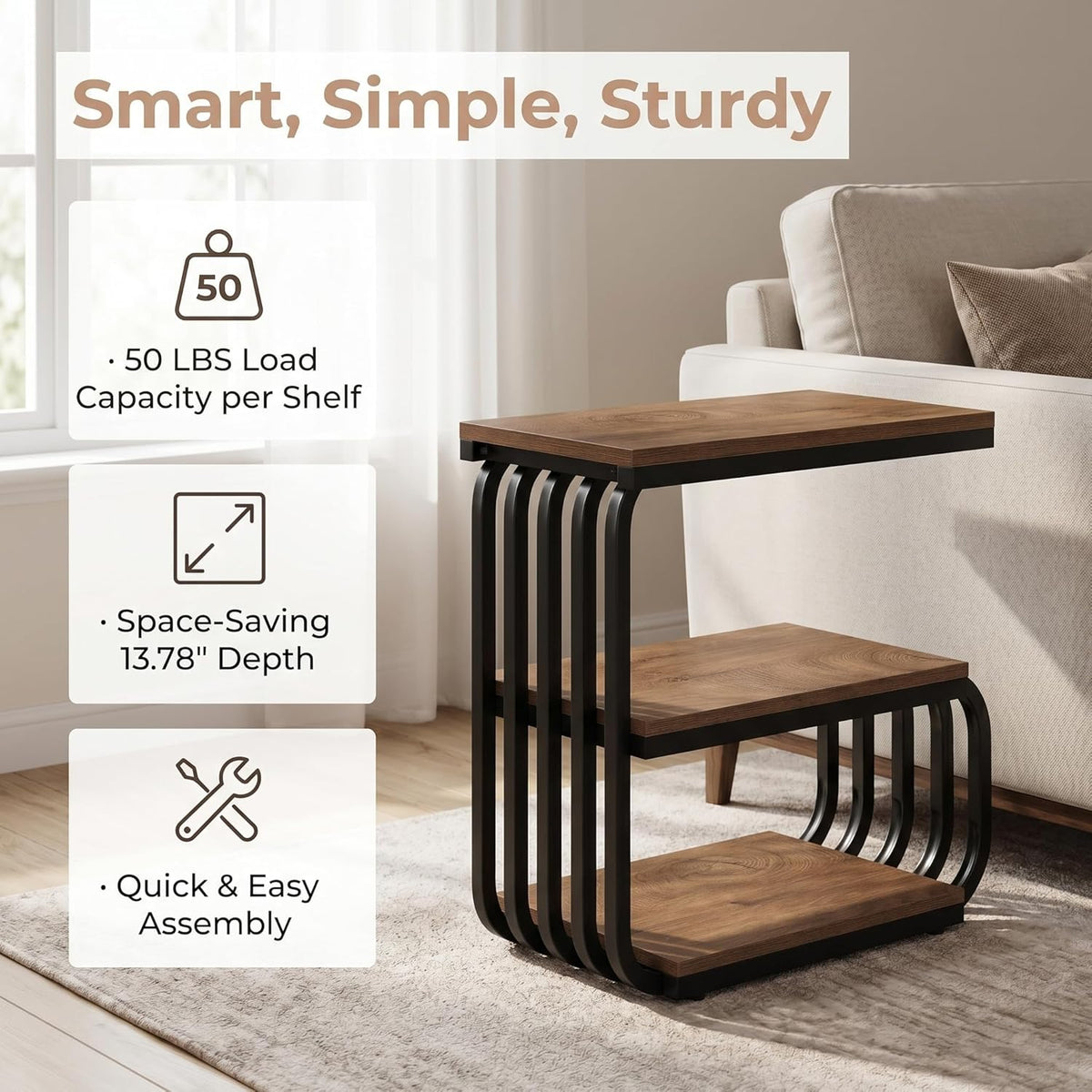 Tribesigns Small Narrow End Table with Storage Shelf, Industrial Side Tables with Curved Metal Frame, 3-Tier Accent Table and Nightstand for Living Room, Bedroom, Small Space (1, Brown)