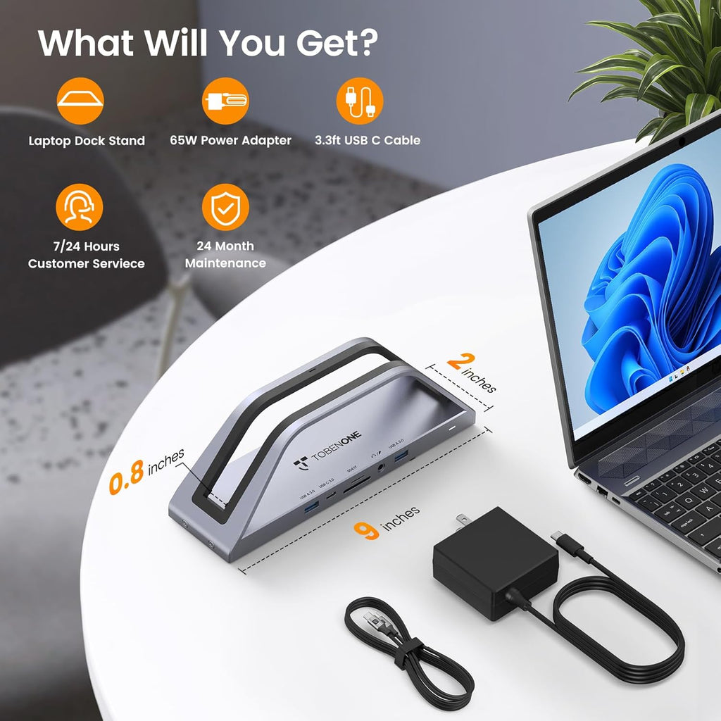 TobenONE 14-in-1 MacBook Pro/Air Docking Station Dual 4K Monitor, Laptop Docking Station Stand for MacBook M1-M5/Neo, Driver-Based, USB C Dock with 65W Power Adapter, 2 HDMI,VGA, 5Gbps USB, RJ45