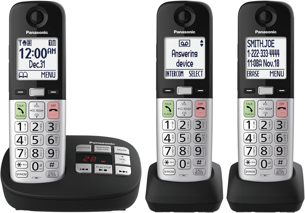 Panasonic Cordless Phone, Easy to Use with Large Display & Big Buttons, Flashing Favorites Key, Flashlight, Call Block, Volume Boost, Talking Caller ID, House Phones, 3 Handsets - KX-TGU433B