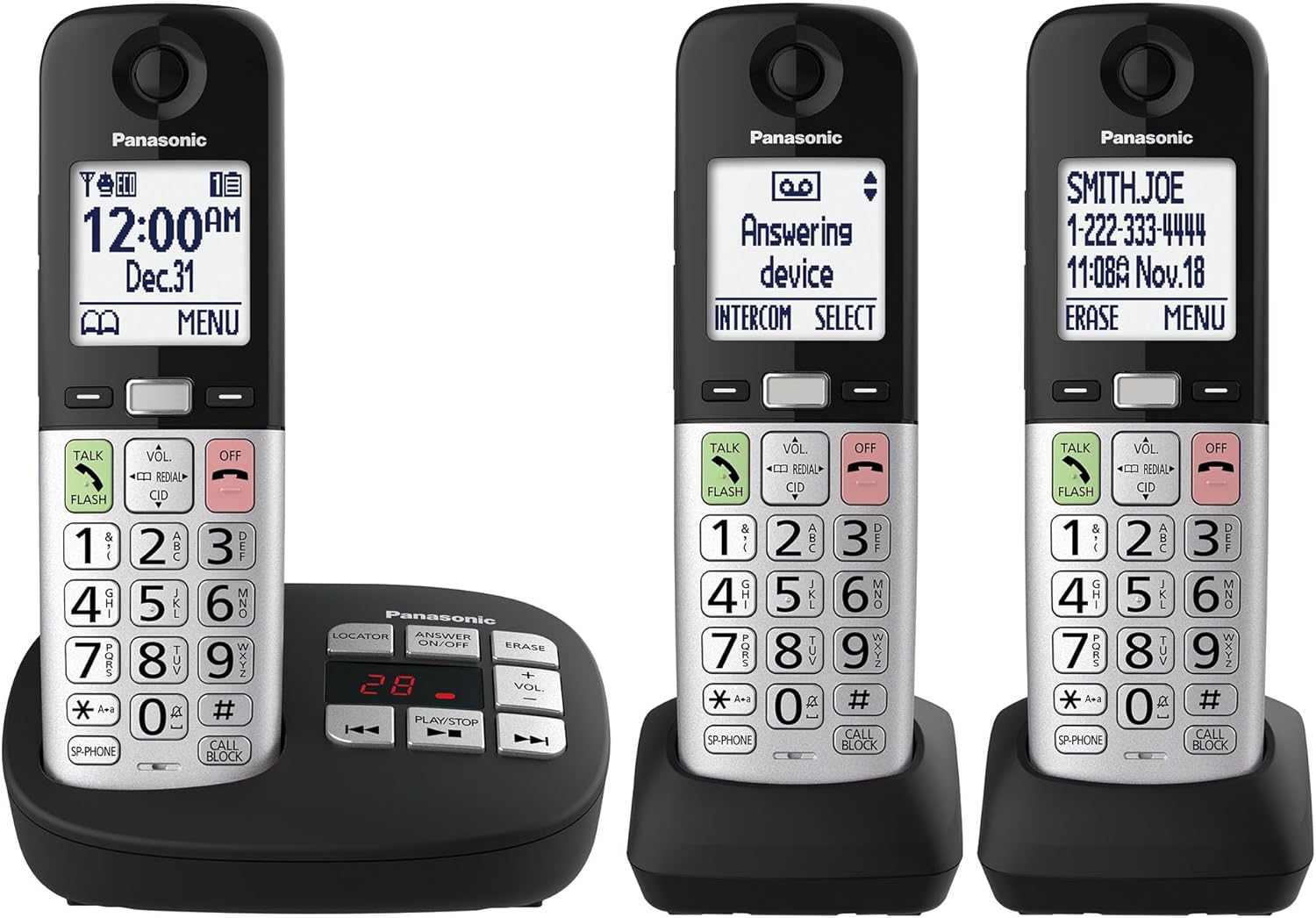 Panasonic Cordless Phone, Easy to Use with Large Display & Big Buttons, Flashing Favorites Key, Flashlight, Call Block, Volume Boost, Talking Caller ID, House Phones, 3 Handsets - KX-TGU433B