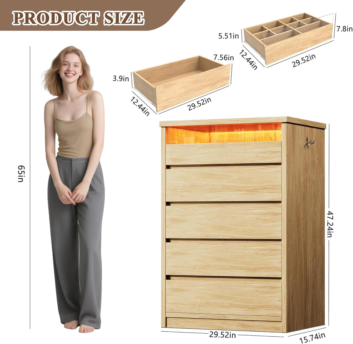 Jocoevol 5 Drawer Dresser for Bedroom with LED Light, Modern Chest of Drawers with Hidden Handles, Large Tall Wooden Dresser Closet for Living Room, Entryway, Hallway - Natural Oak