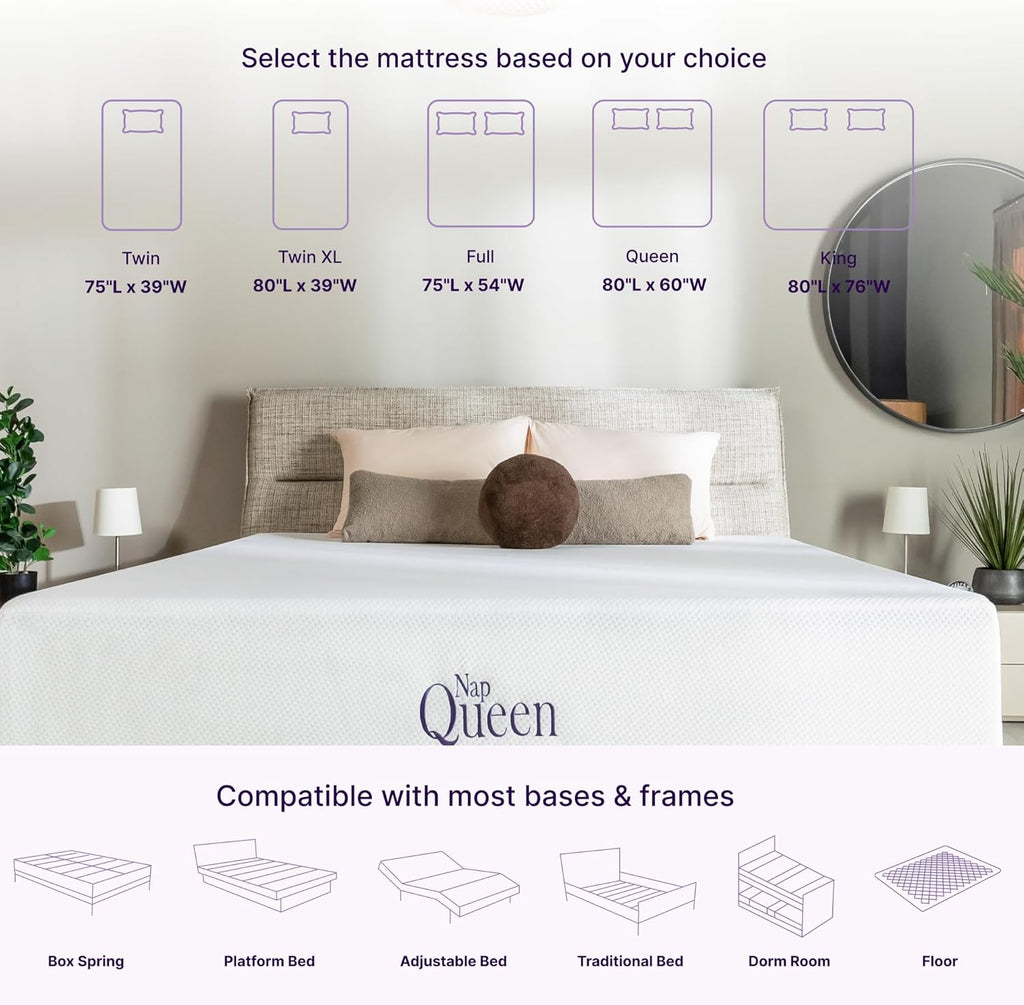 NapQueen 12 Inch Full Size Mattress, Bamboo Charcoal Memory Foam Mattress, Bed in a Box, White