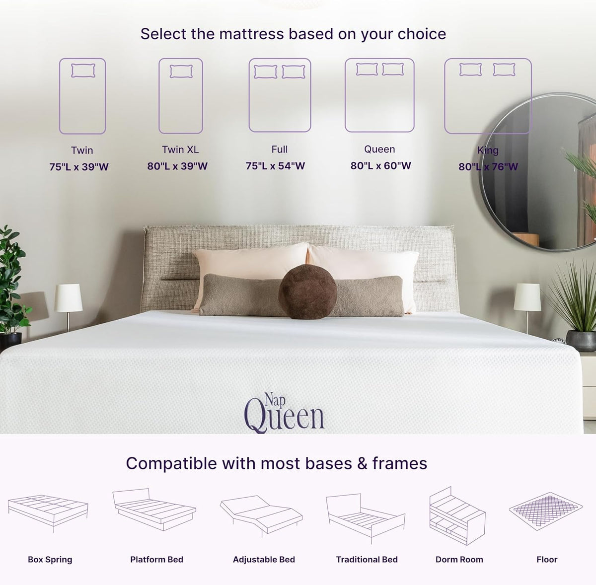 NapQueen 12 Inch Full Size Mattress, Bamboo Charcoal Memory Foam Mattress, Bed in a Box, White