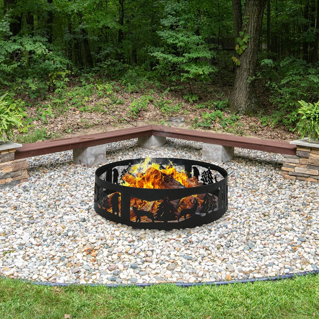 Sunnydaze 36-Inch Outdoor Fire Ring - Portable Metal Fire Pit Ring for Camping or Backyard - 360-Degree Wildlife Cutouts - Forest Wilderness