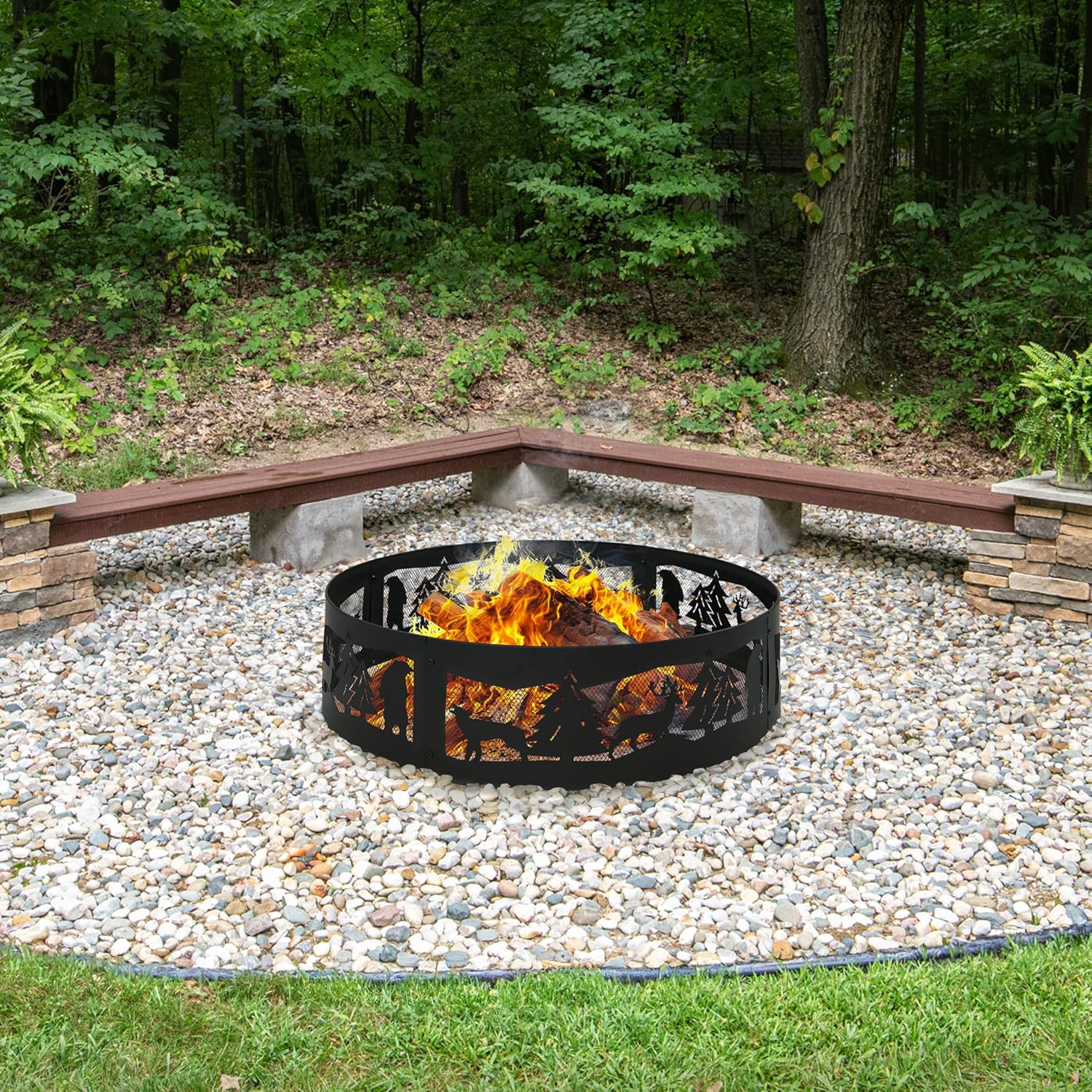 Sunnydaze 36-Inch Outdoor Fire Ring - Portable Metal Fire Pit Ring for Camping or Backyard - 360-Degree Wildlife Cutouts - Forest Wilderness