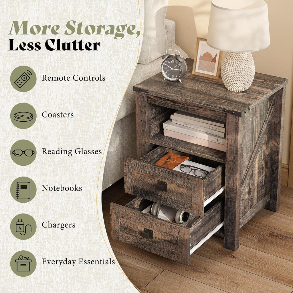 AMERLIFE Farmhouse Nightstand Set of 2, Wooden Side Table with Drawers & Open Shelf, Narrow/Small Bedside End Table, Wood Night Stand for Bedroom/Dorm/Home Office, Rustic Black Oak