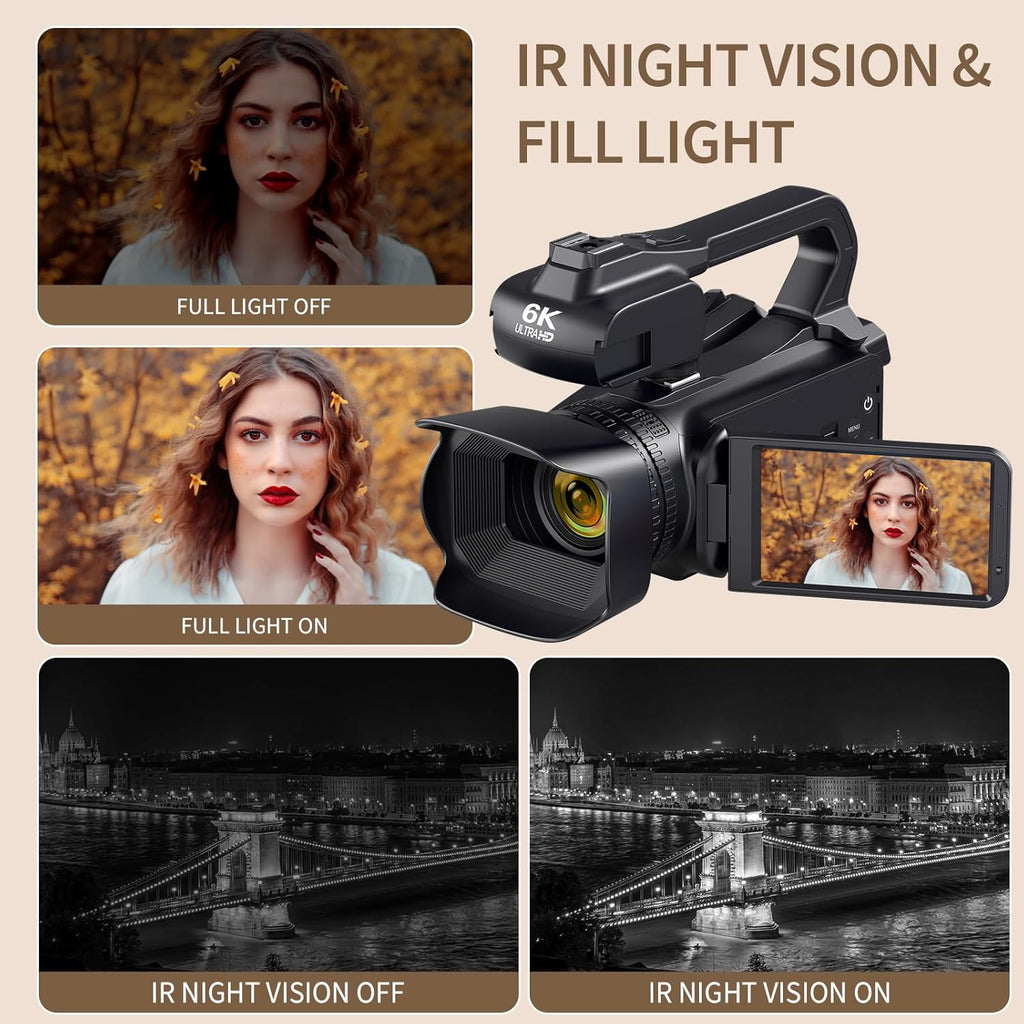 6K Camcorder Video Camera 64MP IR Night Vision Vlogging Camera for YouTube 18X Digital Zoom 4.0" Touch Screen Video Recorder with WiFi, Mic, Charger, Stabilizer, Controller, Battery and 64GB SD Card