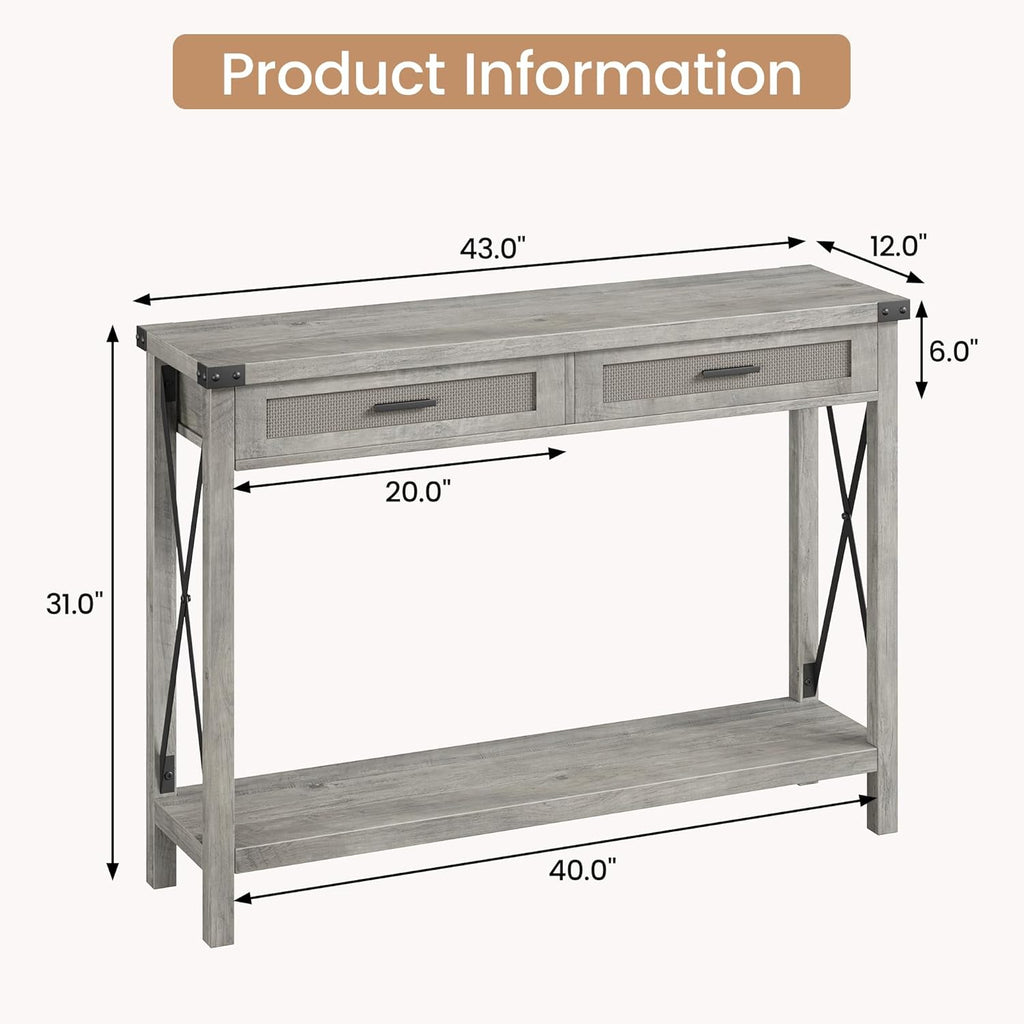 IDEALHOUSE Farmhouse Entryway Table, Grey Console Table with Rattan Drawers, 43" Sofa Table with Storage, Console Tables for Entryway, Living Room, Hallway, Foyer-Grey