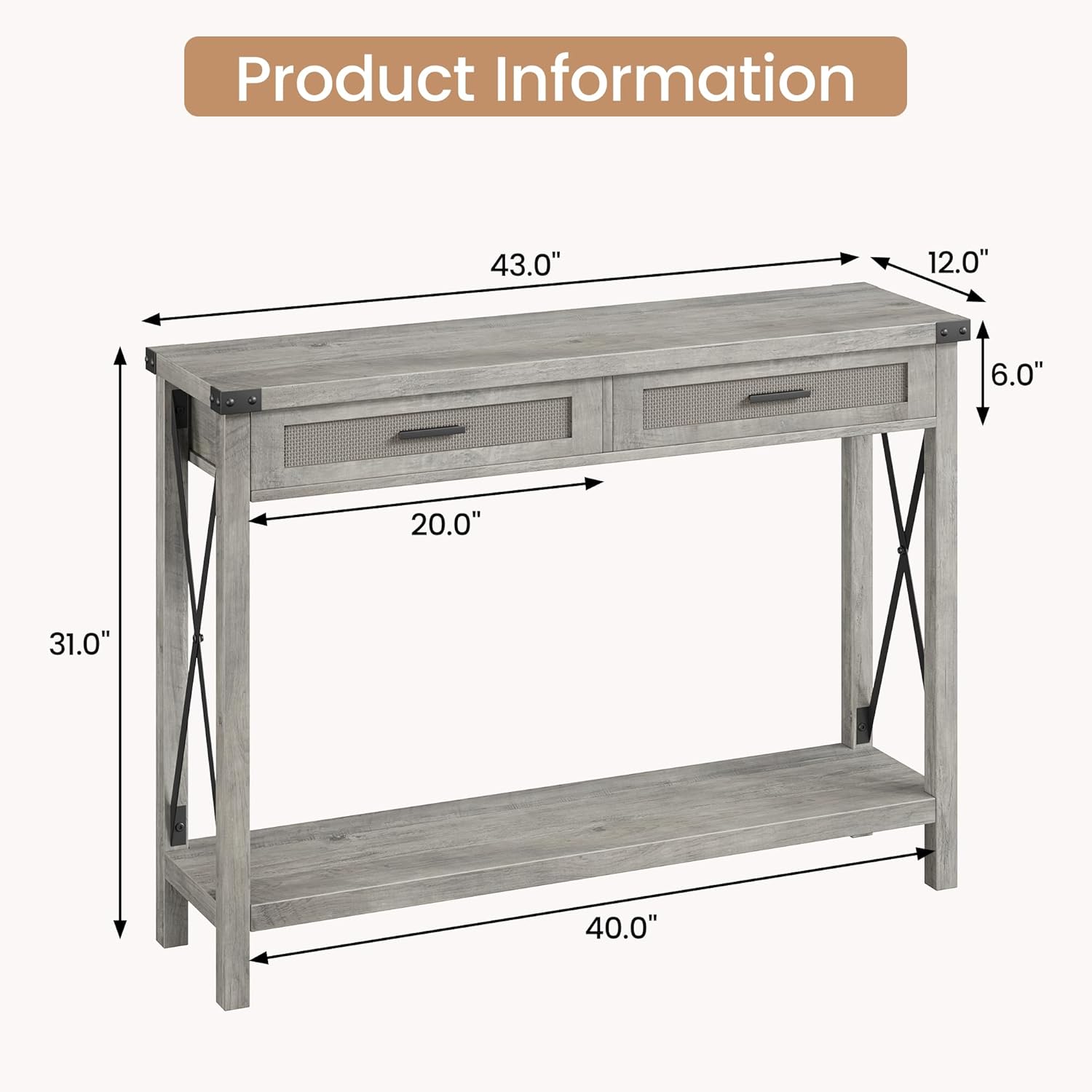 IDEALHOUSE Farmhouse Entryway Table, Grey Console Table with Rattan Drawers, 43" Sofa Table with Storage, Console Tables for Entryway, Living Room, Hallway, Foyer-Grey