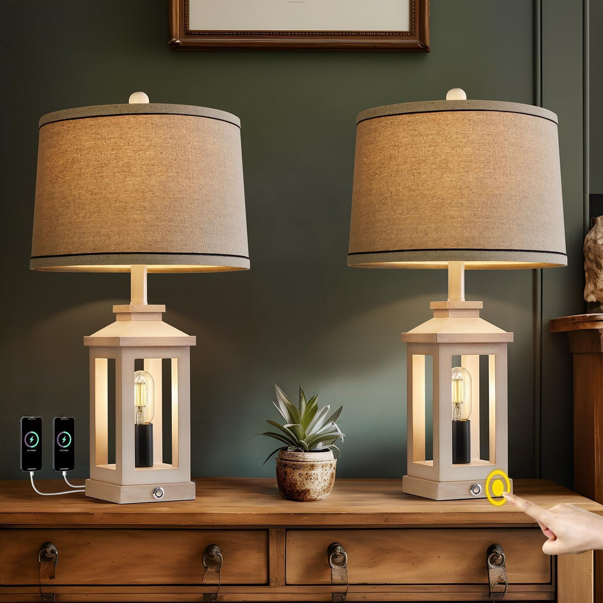 G-SAFAVA 23.75" Retro Farmhouse USB C+A Ports Table Lamp Set of 2 with 3 Way Dimmable Touch Control White Nightlight Vintage Modern Lamp for Living Room Bedroom with 2 Light Sources