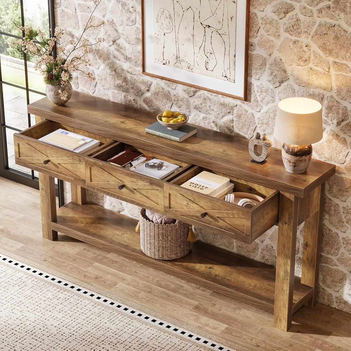 Tribesigns 70.9" Console Table with 3 Drawers, Extra Long Entryway Table for Living Room, Hallway, Narrow Sofa Table Behind Couch with Storage Shelf, Rustic Brown