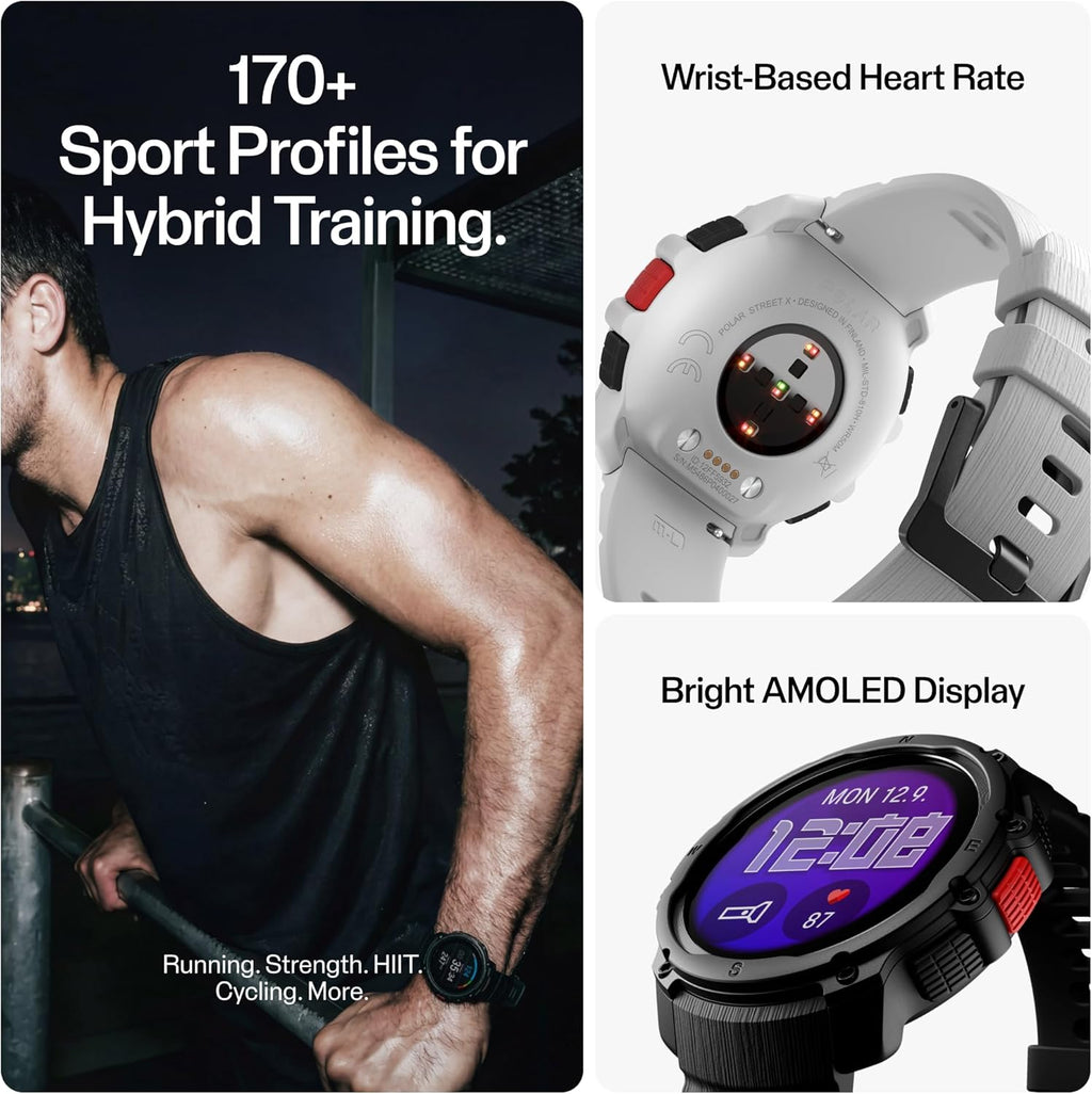 Polar Street X – GPS Running Sports Watch – Rugged Waterproof – 170+ Sport Profiles – 10 Day Battery – AMOLED Display – Wrist Based Heart Rate Monitor – Built-in Flashlight