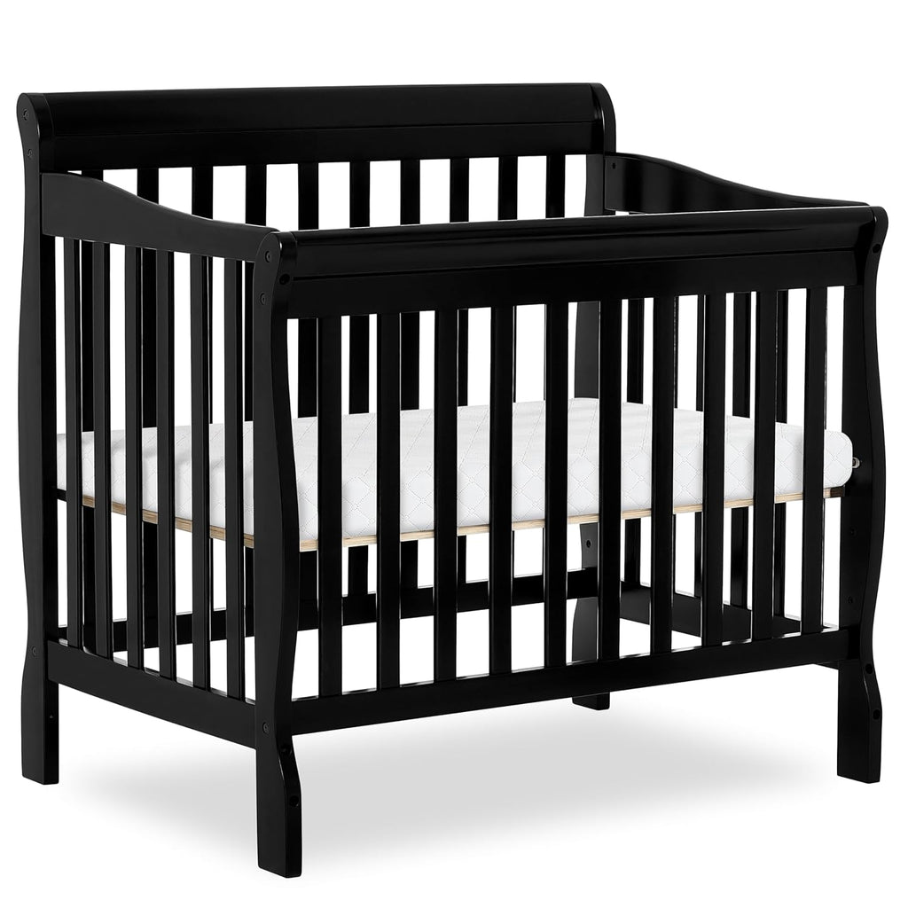Dream On Me Aden 4-in-1 Convertible Mini Baby Crib, GREENGUARD Gold & BSA Certified, Sustainable Pinewood, Non-Toxic Finish, 3 Mattress Heights, Converts to Mini Day & Twin-Size Bed - Black