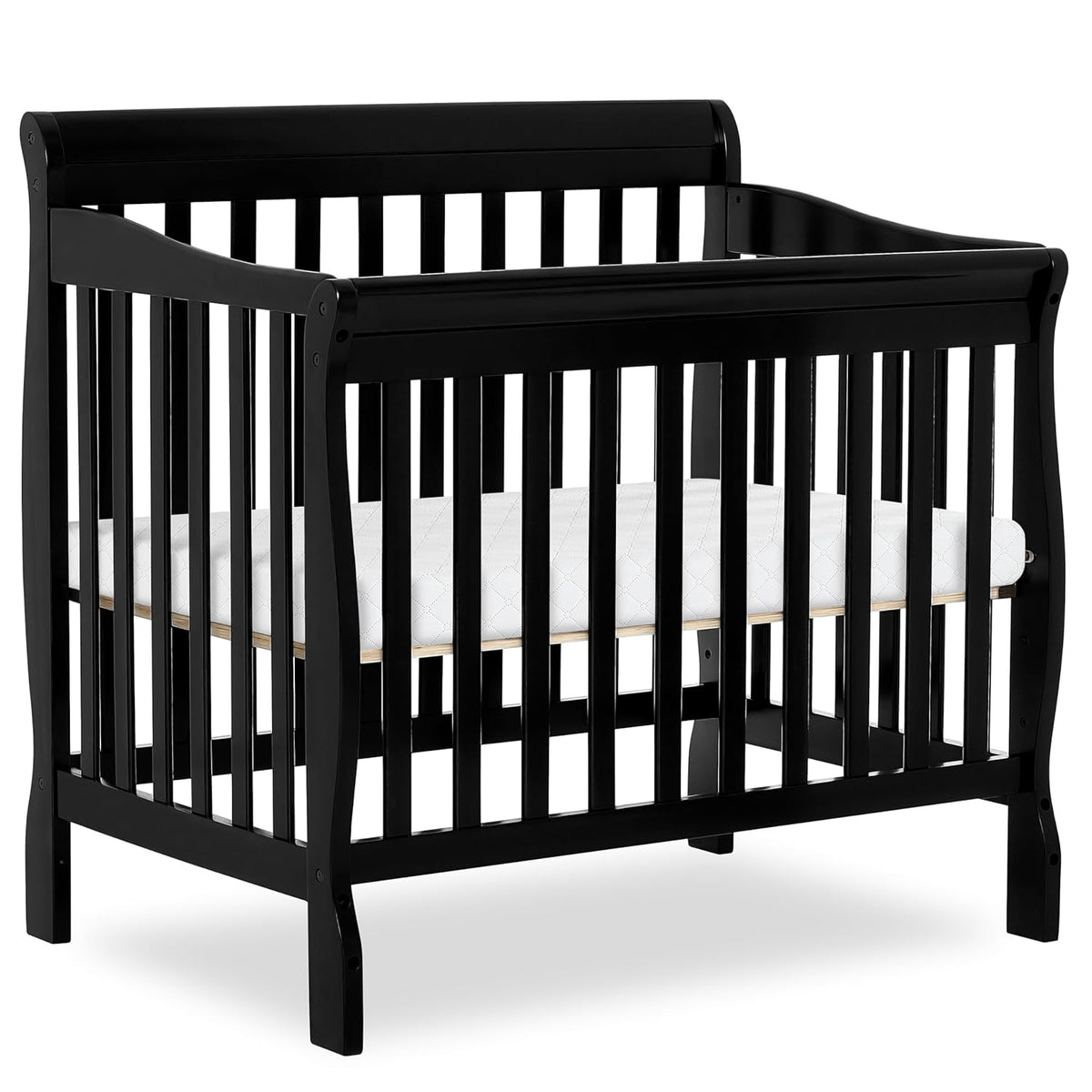 Dream On Me Aden 4-in-1 Convertible Mini Baby Crib, GREENGUARD Gold & BSA Certified, Sustainable Pinewood, Non-Toxic Finish, 3 Mattress Heights, Converts to Mini Day & Twin-Size Bed - Black